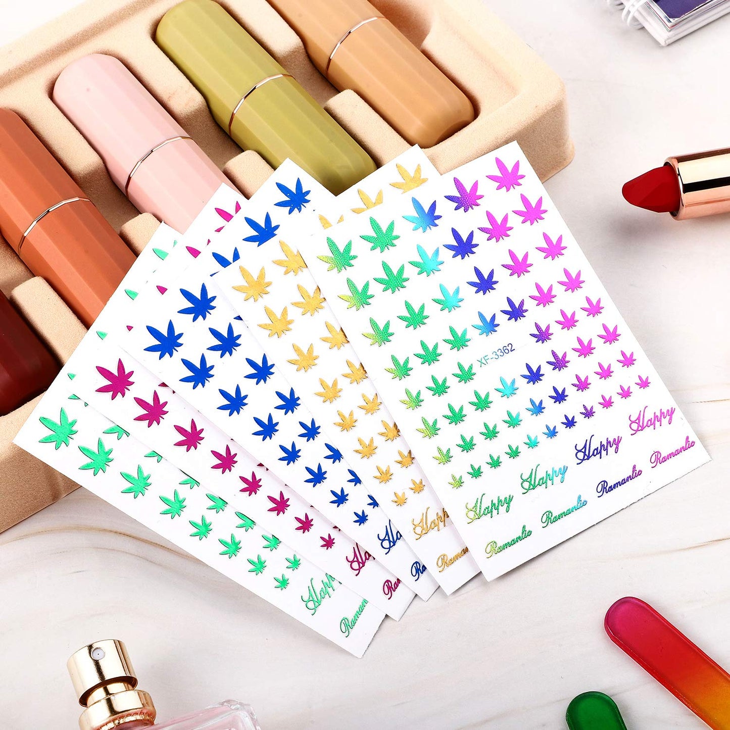 12 Sheets Colorful Leaf Nail Decals - Self-Adhesive Pot Leaves Nail Stickers for Women