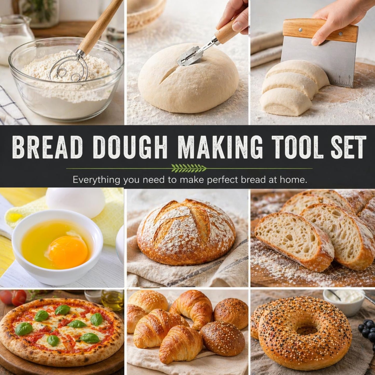 BOORIKA Sourdough Bread Baking Tool Set with Danish Dough Whisk, Bread Lame & Blades, Bench Scraper, Dough Scrapers and Silicone Brush – Sourdough Starter Kit