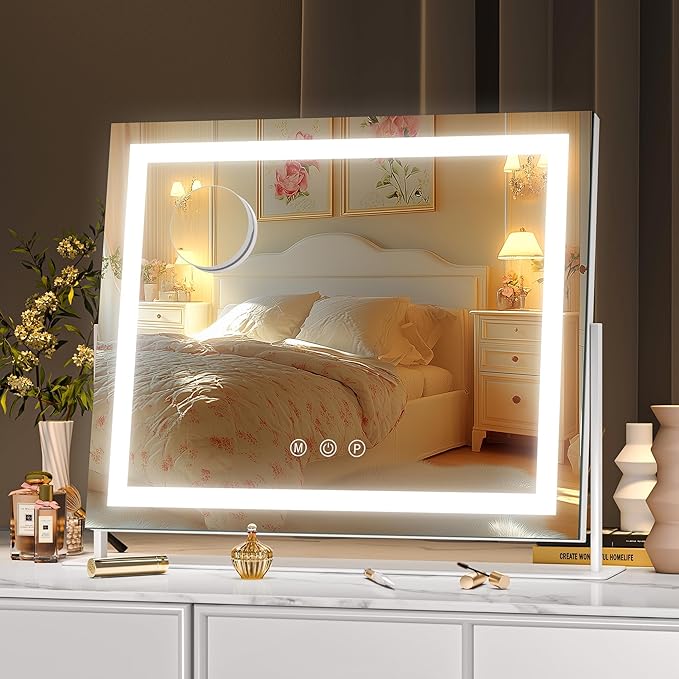 Hasipu Vanity Mirror with Lights, 13.8" x 10.6" LED Makeup Mirror, Light up Mirror with 10X Magnification, Smart Touch 3 Colors Dimmable, 360° Rotation (White)