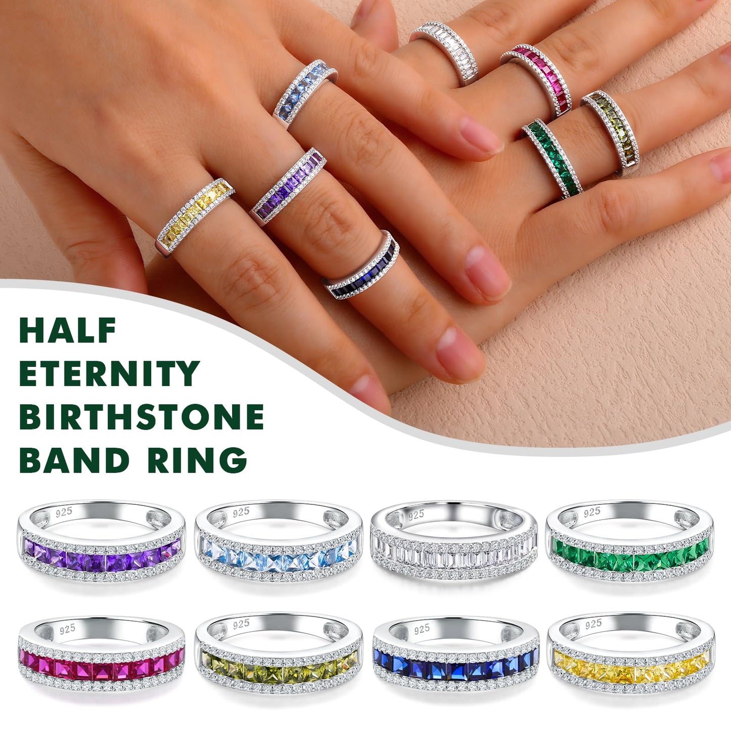 RANDES Blue Topaz Ring 925 Sterling Silver Half Eternity Band Rings for Women Channel Set December Birthstone Ring Size 7