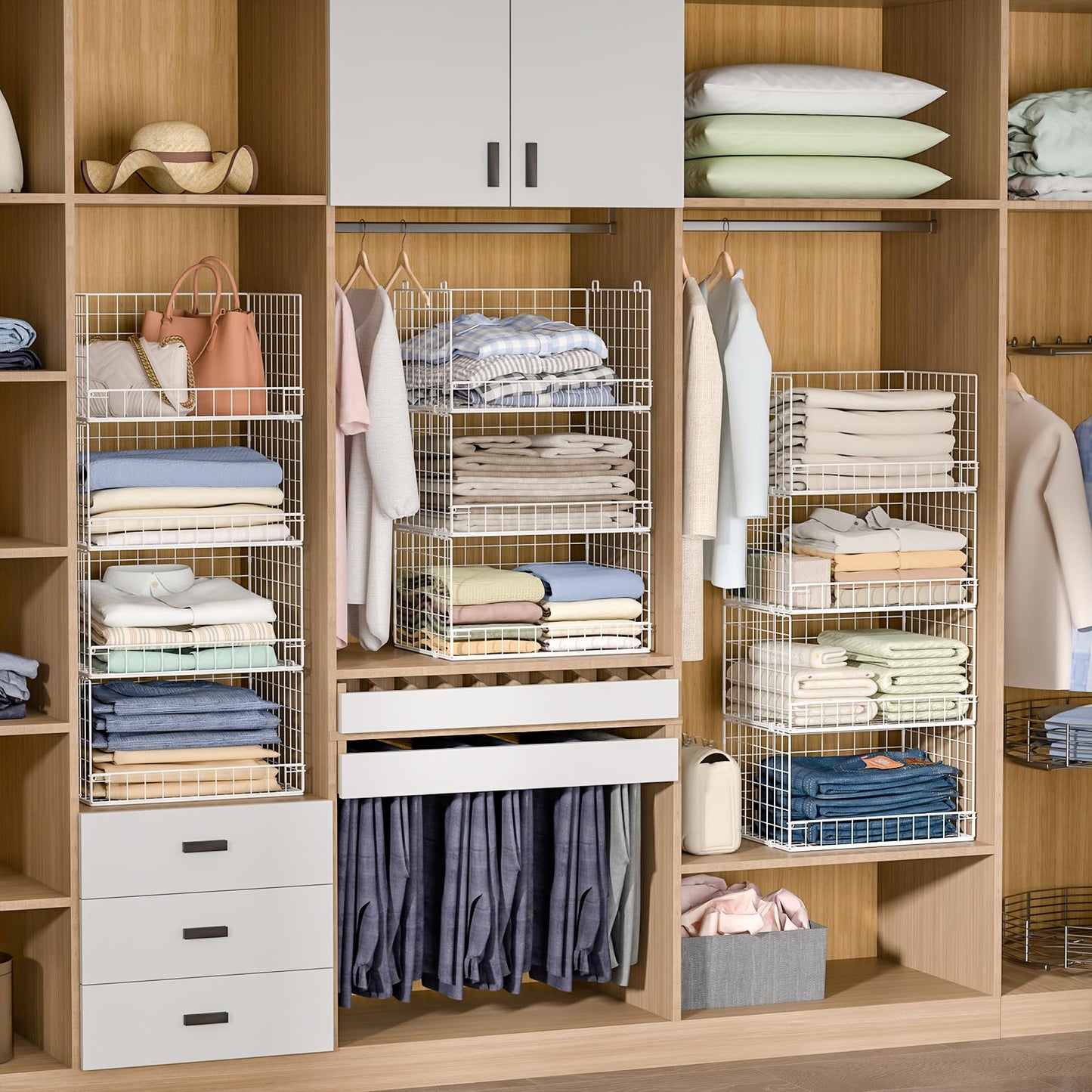 Yociyoga 4-Tier Stackable Closet Organizers and Storage Basket, Foldable Closet Shelf Organizer System, Space-Saving Clothes Storage Drawer Organizer for Wardrobe, White ((Patent 30022416))