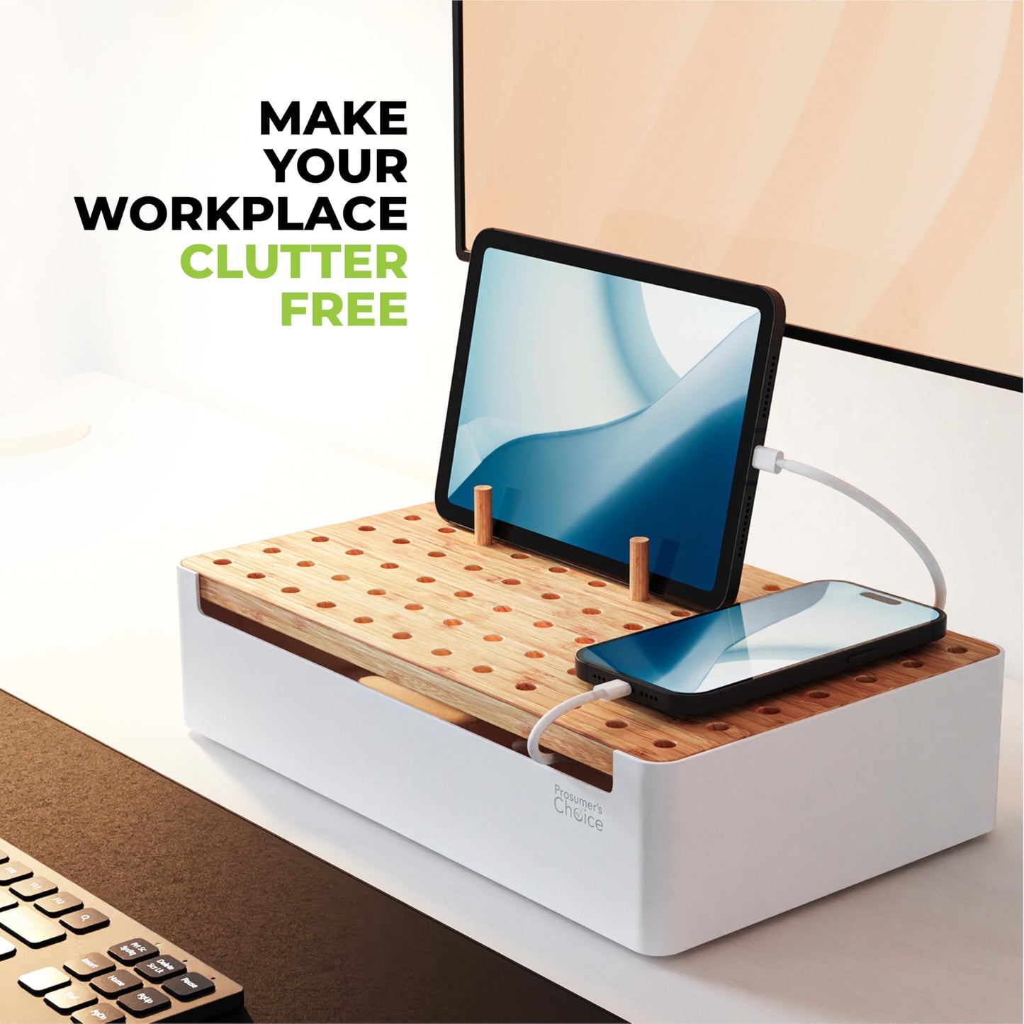 Prosumers Choice Bamboo Charging Station for Multiple Devices - Wooden Charger Organizer with Removable Dividers for Phones, Tablets, and Laptops - 11 Inch Cable Organizer Box - Space-Saving Desk Dock