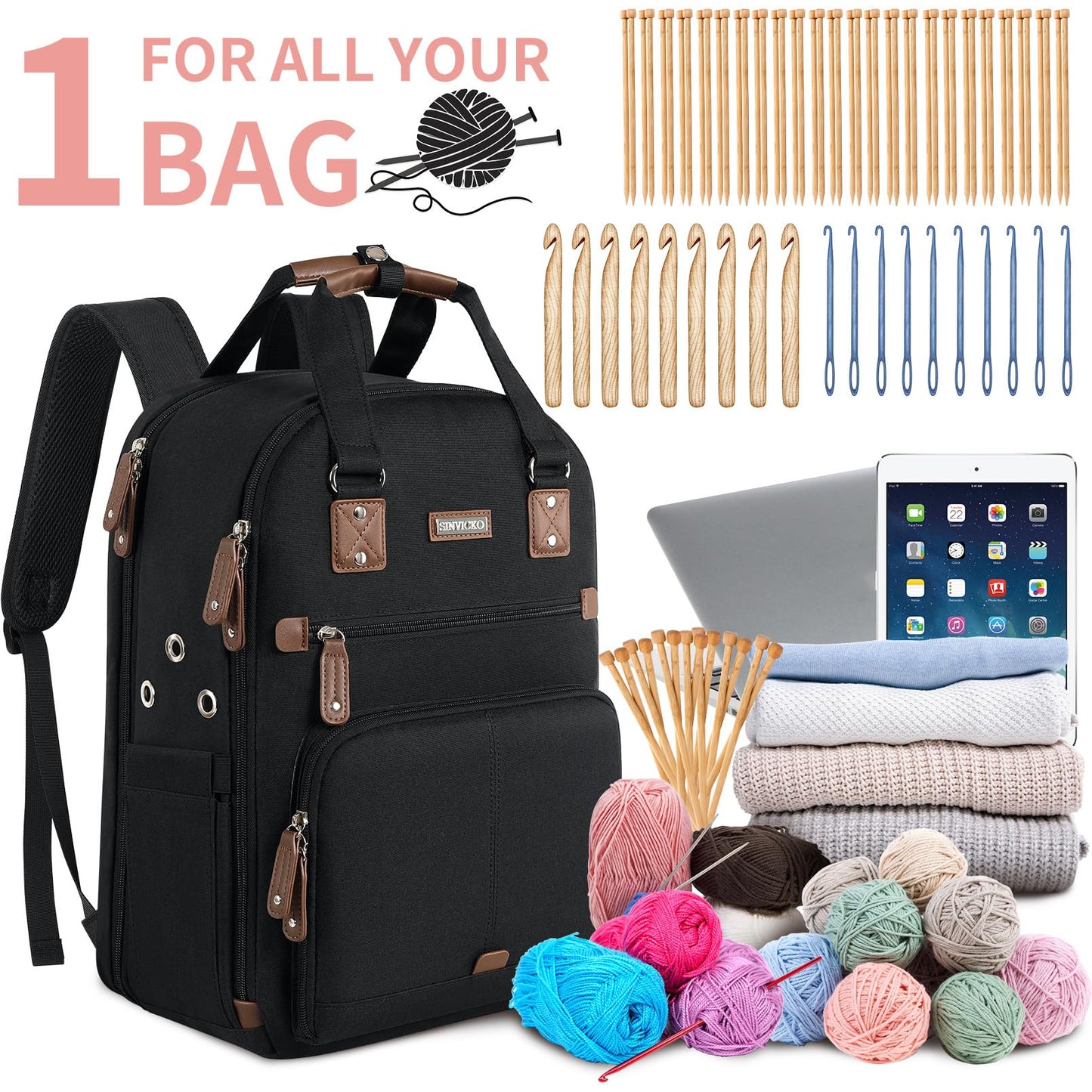 Crochet Bag Backpack,Knitting Bag Backpack and Totes Organizer with USB Charging Port, Large Yarn Storage Tote Bag Yarn Holder Case for Knitting Needles, Crochet Hooks,fits 15.6 inch Laptop,Black