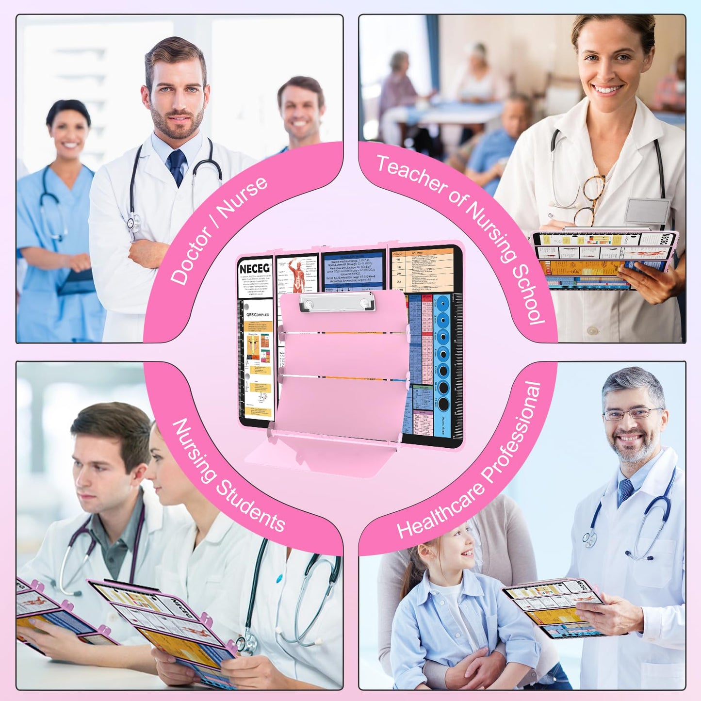 Nursing Clipboard Foldable-4 Layers Aluminum Nurse Foldable Clipboard Nursing Medical Edition Cheat Sheets, Pocket Size Pen Clip for Nurses Students School and Doctors-Pink