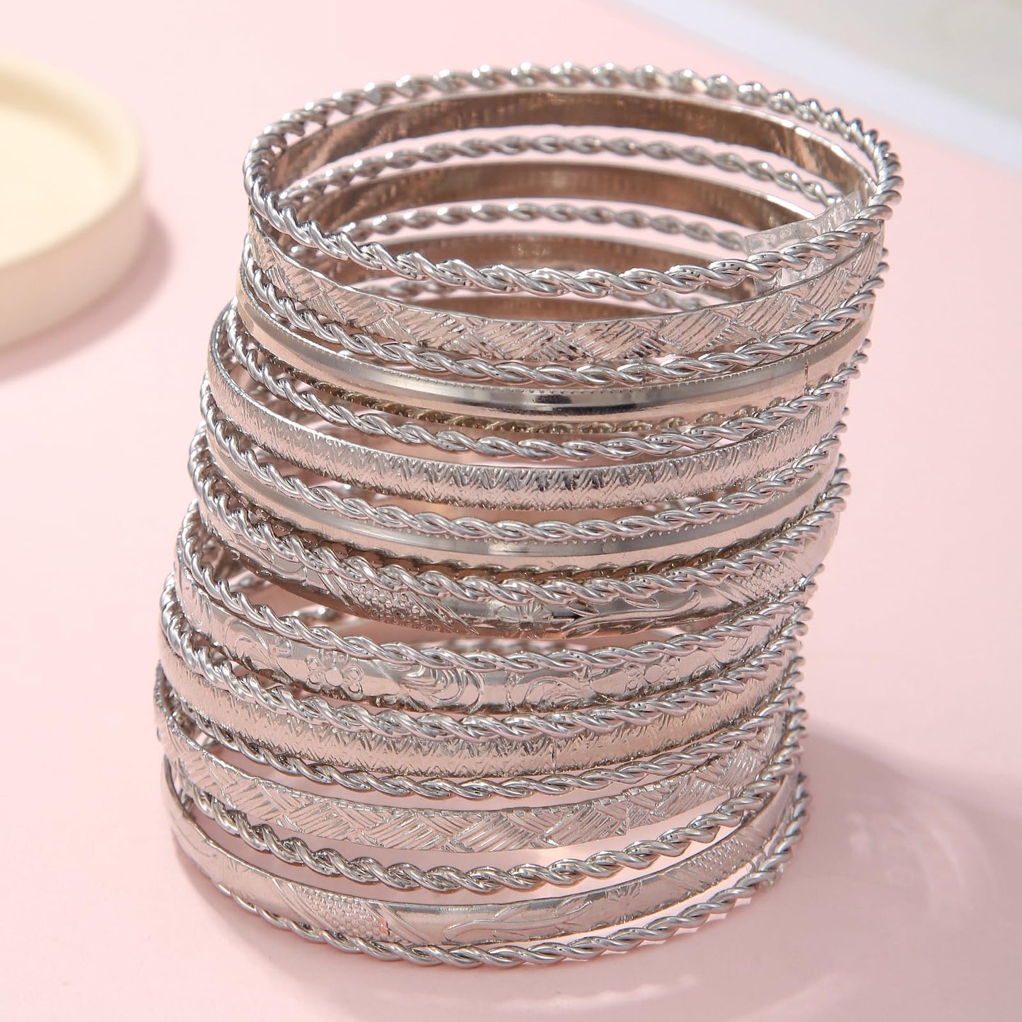 RINTOLER 19Pcs Silver Bangle Bracelets for Women - Multi Layer Stackable Textured Bracelets Boho Jewelrys Set (19Pc Silver)