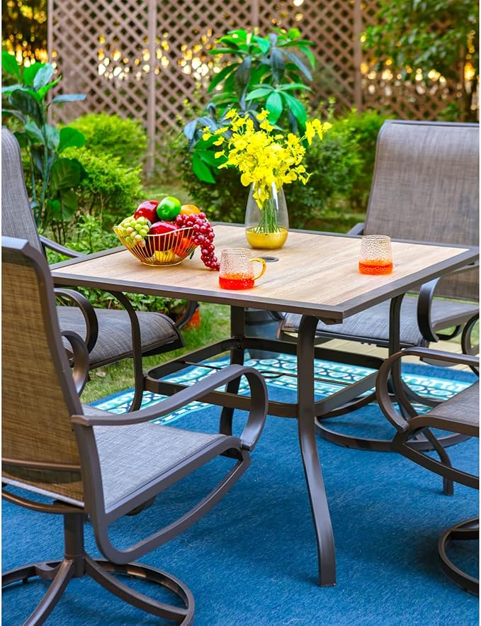 PHI VILLA Patio Dining Table for Outside, 37" x 37" Square Outdoor Dining Table for 4, Premium PVC Table Top with 1.57" Umbrella Hole and Metal Frame