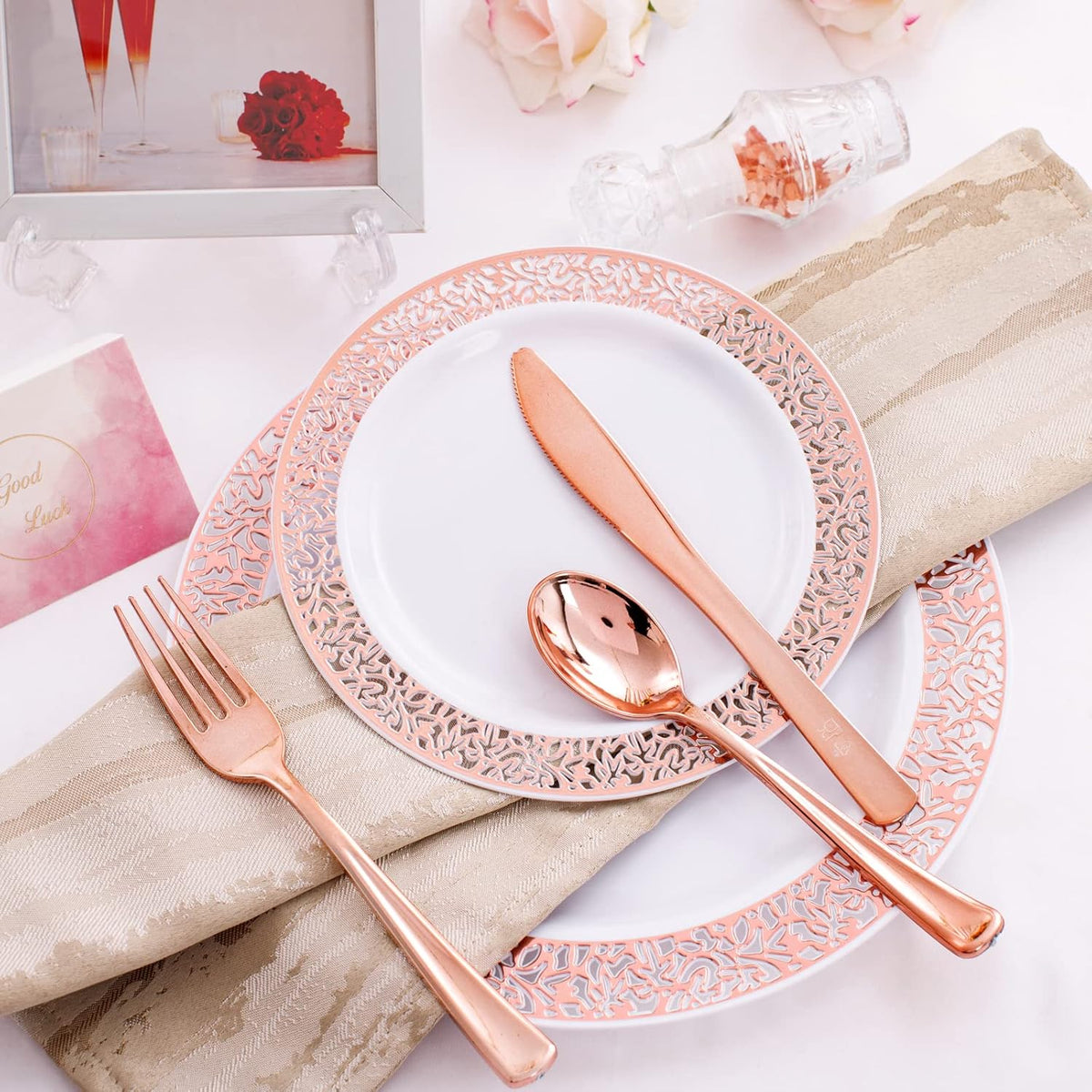 WELLIFE 175 Pieces Rose Gold Plastic Dinnerware,Rose Gold Dinnerware Set Include: 25 Dinner Plates 10.25", 25 Salad Plates 7.5", 25 Cups, 50 Forks, 25 Knives and 25 Spoons for Party