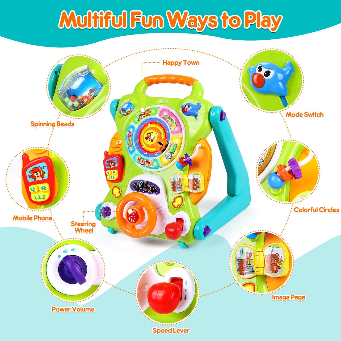 3-in-1 Baby Walker for Boy Girls Sit to Stand Toy Activity Center Drawing Board Infant Toys for 1 Year Old Birthday Gifts 9 12 18 Months 2 3 Year Old Kid Toddler Push Toy Musical Sound Light Effect