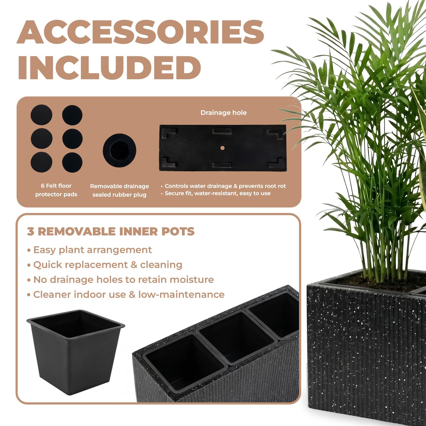 DEPLA LANE Trevano Fiberstone Rectangular Planter (26" L x 9.8" W x 15.7" H) Ribbed Finish, Removable Inner Pots, Lightweight, Durable, UV Resistant, Modern Indoor Outdoor Plant Pot (M, Ribbed Black)