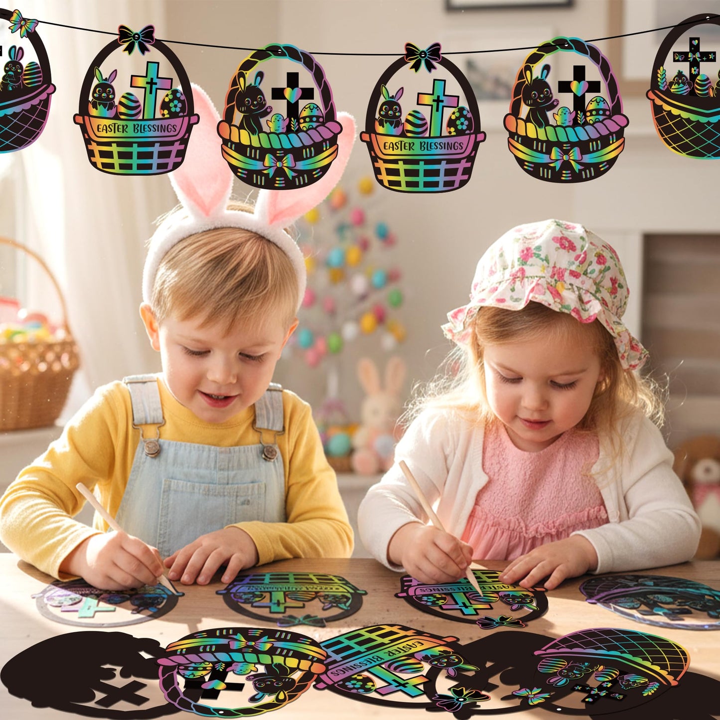 CY2SIDE 60PCS Religious Baskets with Egg Cross Scratch Card Gift Set DIY Christian Jesus is Risen Scratch Paper Craft for Kid Sunday School Activity Easter Bunny Magic Art Rainbow Color Paper Ornament