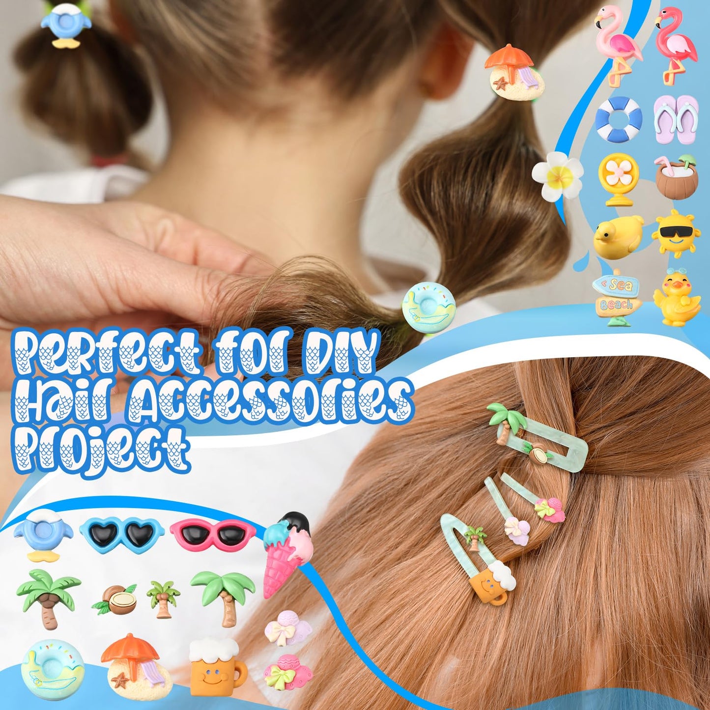 Giegxin 40 Pcs Summer Resin Charm Hawaii Beach Coconut Flamingo Plumeria Flower Flatback Cabochon Accessories Cute Embellishments Bulk for Jewelry Cellphone Case Scrapbooking Headband DIY Craft Making