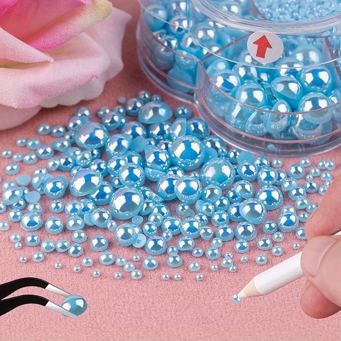 Nail Art Flat Back Half Round Pearl Kits 31, 1 Box of 6000 Pcs Flat-Back Light Blue AB Pearl with Tweezer and Picker Pencil for Home DIY Nails Body Face Craft and Salon Use