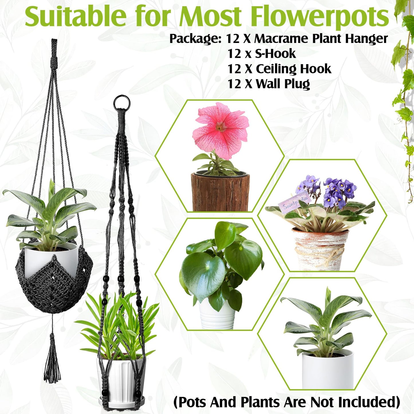 Hoteam 12 Pcs Macrame Plant Hangers Macrame Hanging Planters for Indoor Plants Handmade Boho Hanging Baskets Flower Pots Holder for Outdoor Home Wall Decor(Black)