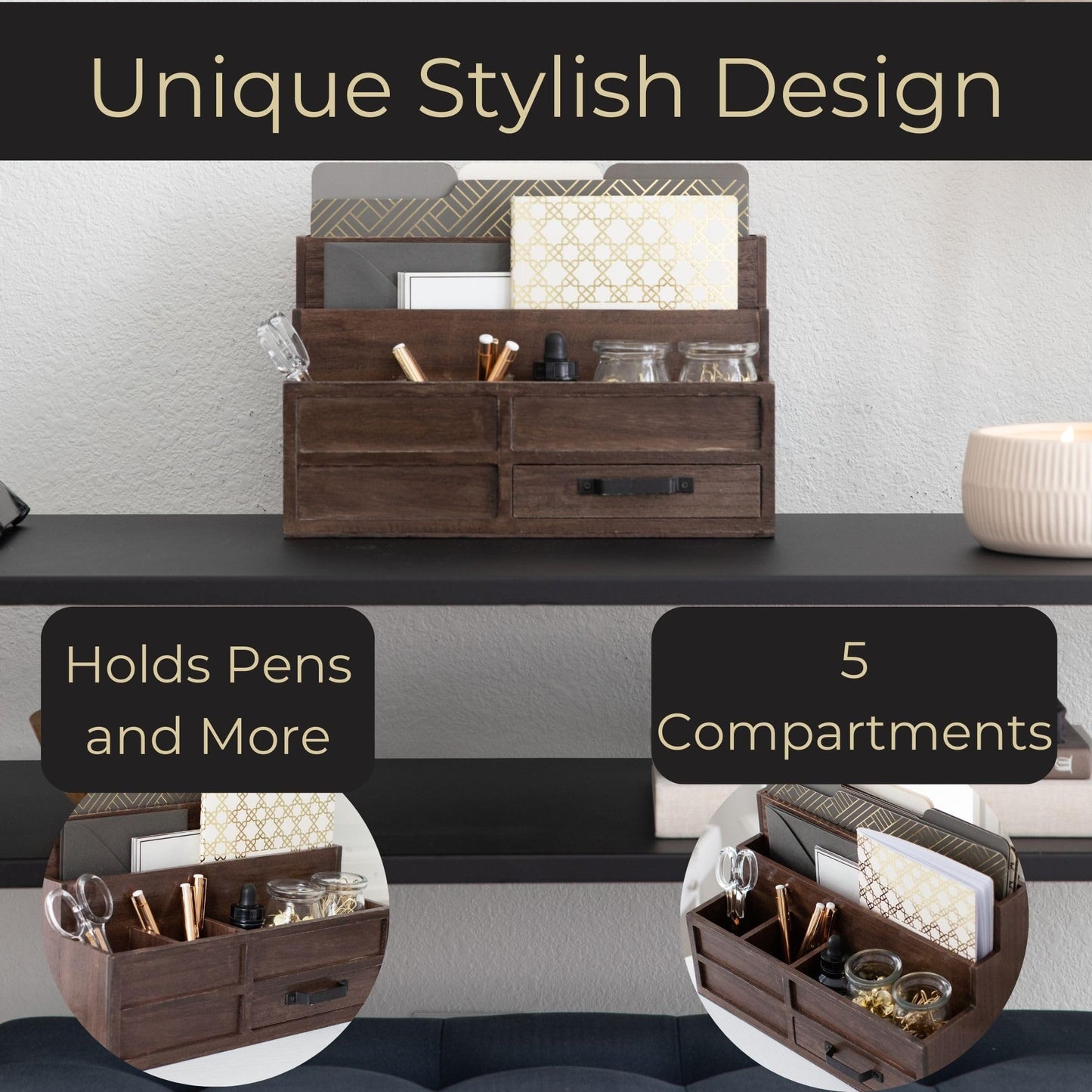 BLU MONACO | Wooden Mail Organizer with Drawer and Pen Holder | Mail Sorter Organizer Countertop for Desk or Kitchen | Outgoing Mail Holder Wood Desktop Storage