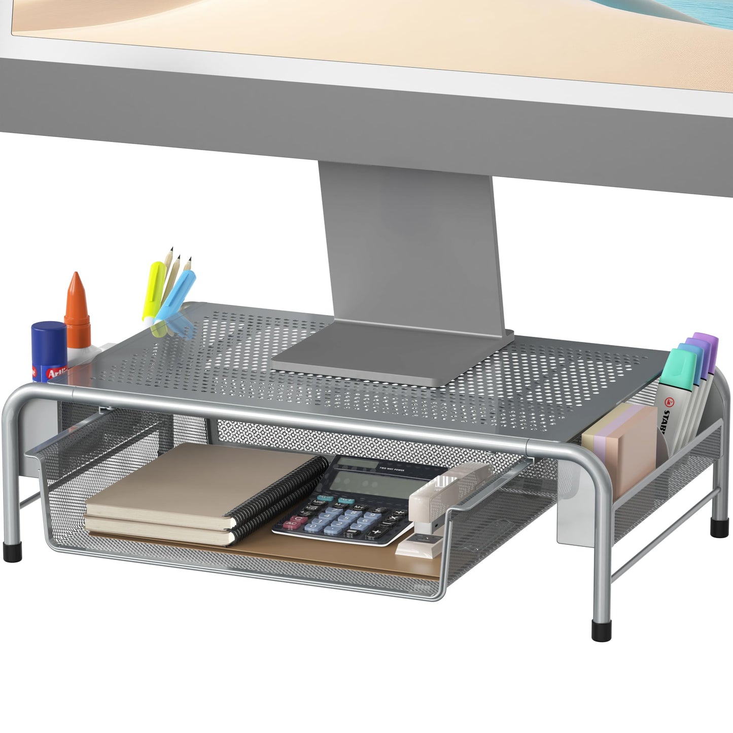 Simple Houseware Metal Desk Monitor Stand Riser with Organizer Drawer, Silver