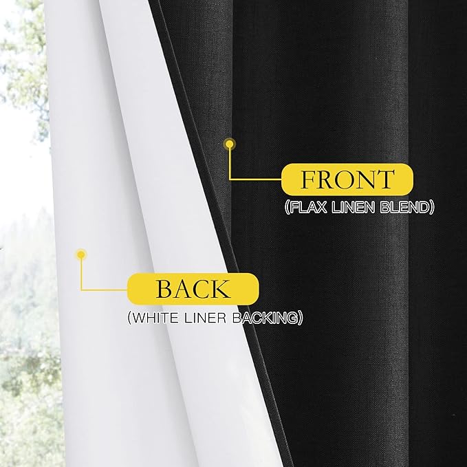NICETOWN Vintage Open Linen Weave Flax Thermal Curtains, 100% Blackout Curtains 70 inches Long for Dining Room, Soundproof Window Treatment Drapes for Hall Room, Black, 34" Wide Per Panel, Set of 2