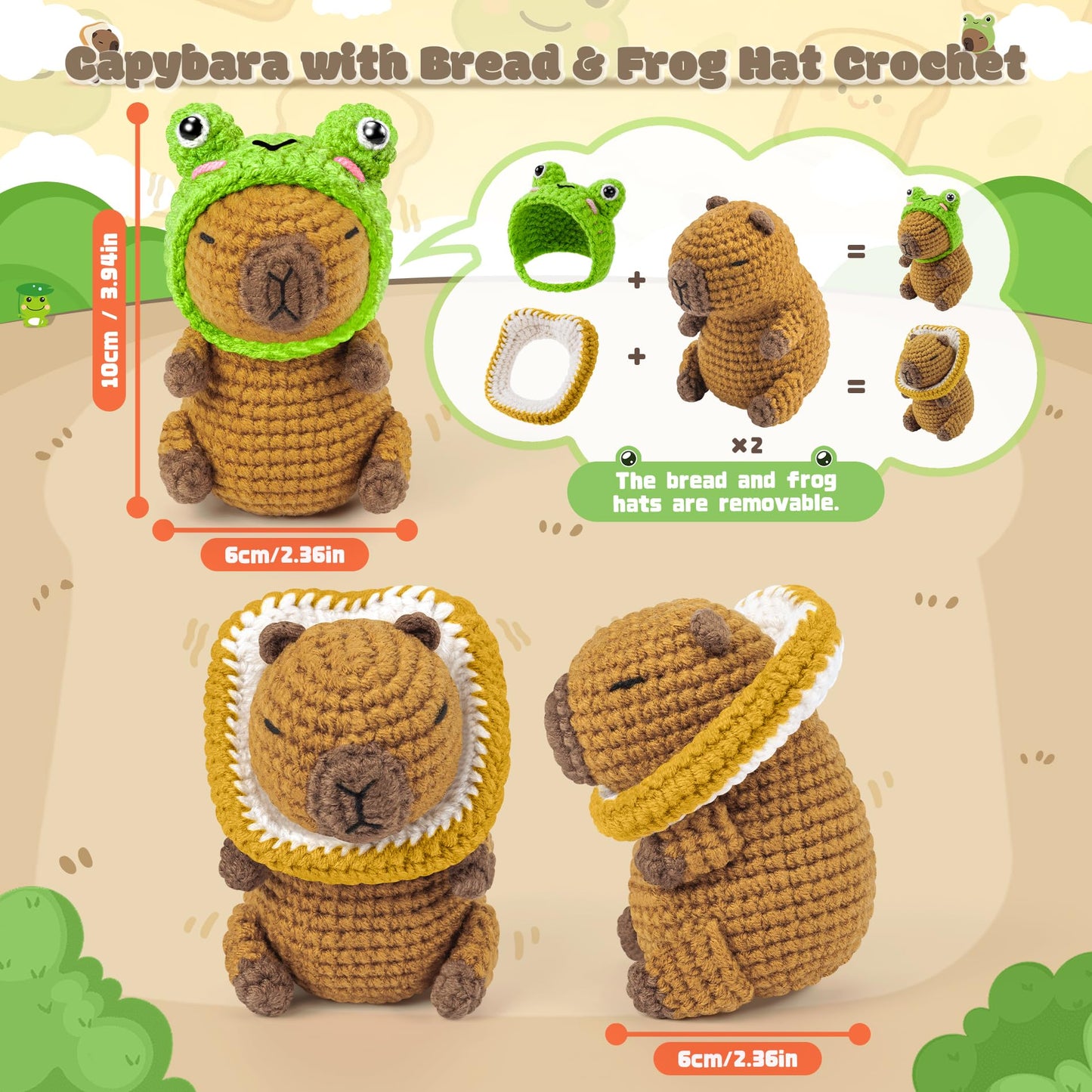 Capybara Crochet Kit for Beginners, 2PCS Capybara with Frog and Bread Hats Crochet Animal Kit with Step-by-Step Video Tutorials, Starters Crocheting Kits for Adult, Animals Knitting Kit for Birthday