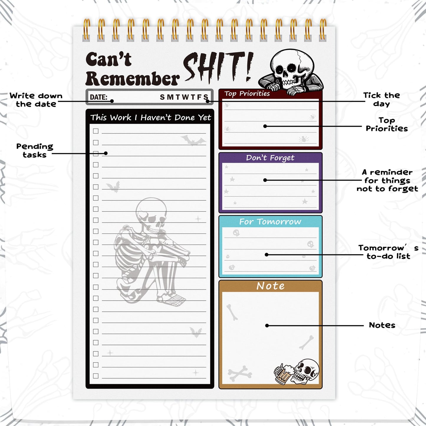 FoszaSzept To Do List Pad - Spiral Bound Daily Tear Off Planner Notepad Undated with Checklist, 52 Sheets Vertical Design for Teachers, Office, Students, Appreciation Christmas Gifts (White Skull)