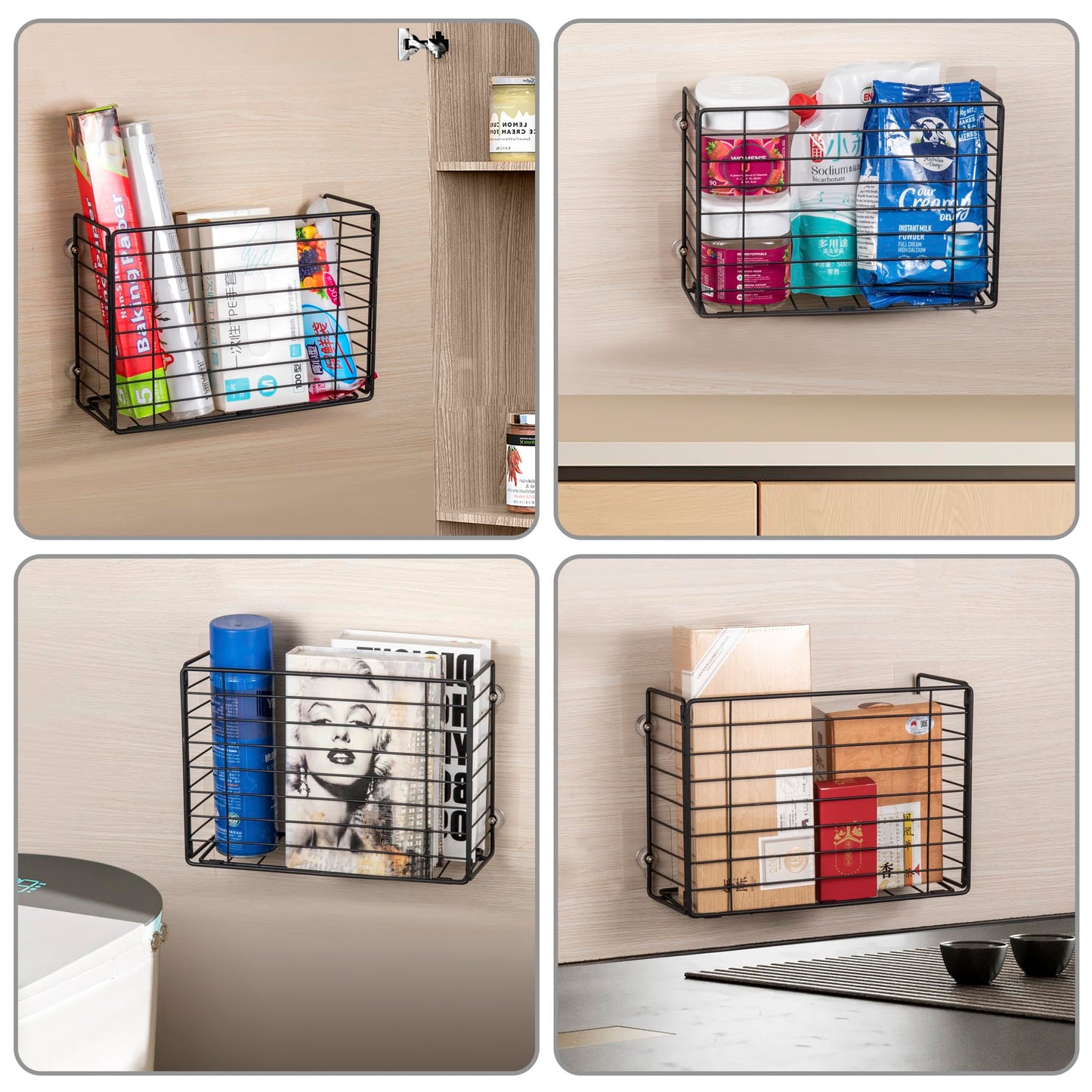 Lonian Wall Mounted Storage Basket, Black Metal Wire Kitchen Wrap Organizer Rack, Heavy Duty Hanging Basket for Cabinet Door, Pantry, Cutting Boards, Foil, and Cleaning Supplies