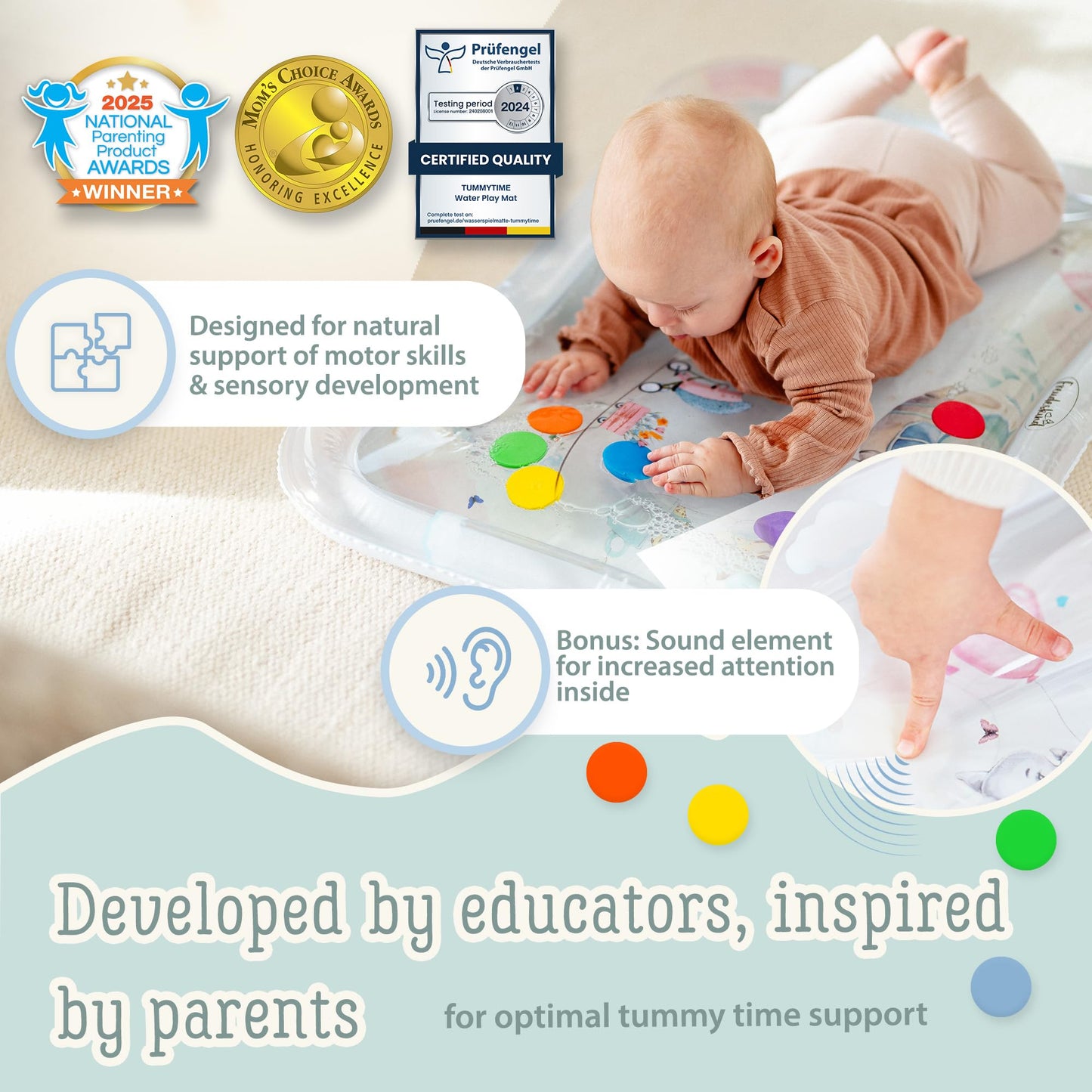 Premium Water Play Mat XXL – Award-Winning Inflatable Tummy Time Water Mat – Sensory & Motor Development Designed by Professional Educators – Certified 100% Baby-Safe Materials