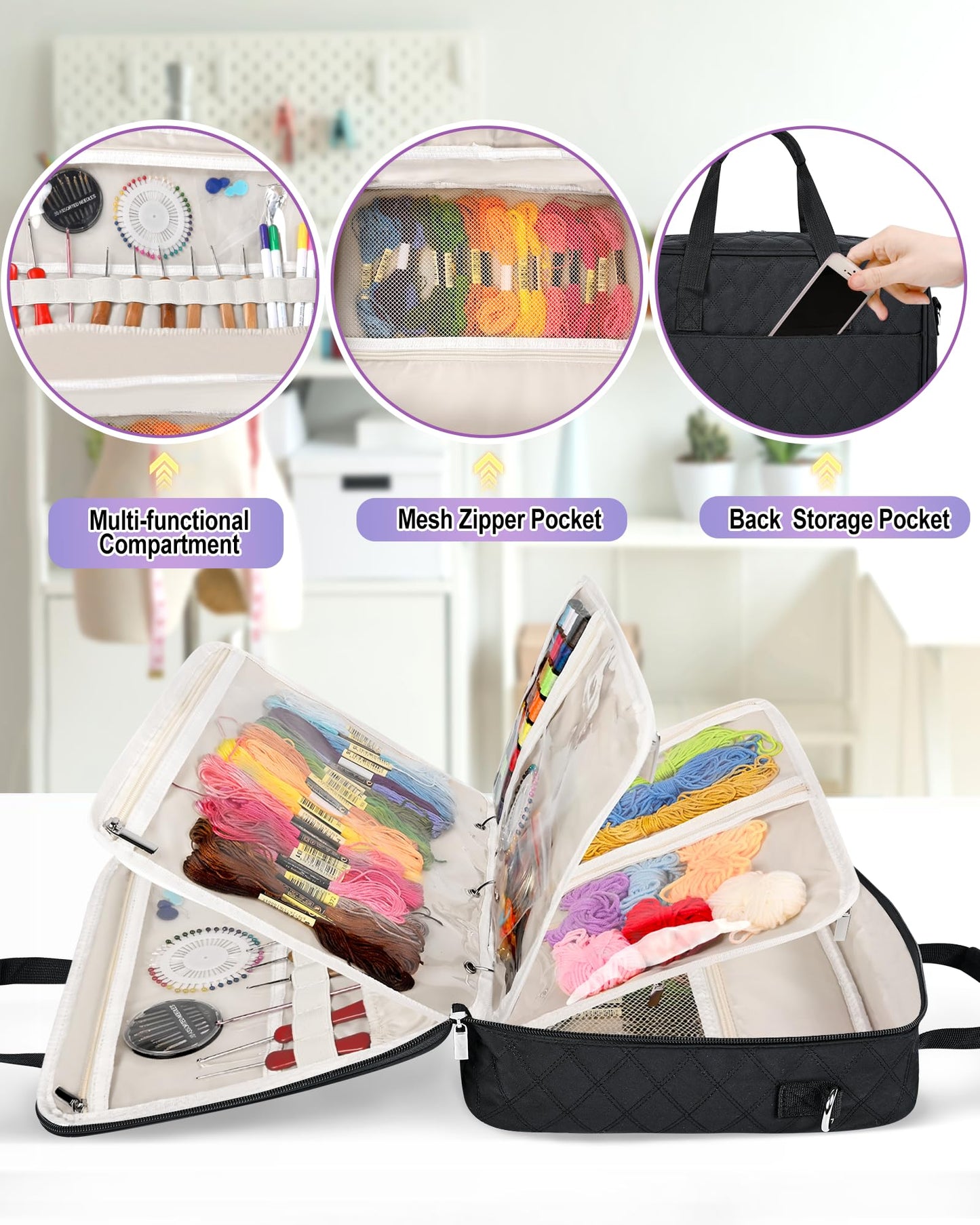 Telawsfun Sewing Supply Storage Bag with Removable Binder, Large Capacity Sewing Organizer Tote With Multi Pocket for Threads, Needles, Scissors, Craft Supplies (Black)