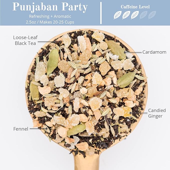 The Chai Box - Punjaban Party - Black Loose Leaf Tea w/Ginger, Fennel, Cardamom. Bold Taste, Bright Fragrance. Made in Small Batches using Single-Origin premium spices - 2.5oz