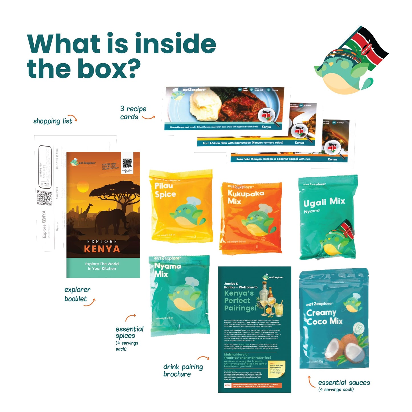 eat2explore Global Cooking Kit - Authentic Recipes, Essential Spices, Cultural Fun & Expert Drink Pairings - Perfect for Date Night and Dinner Parties (KENYA edition)