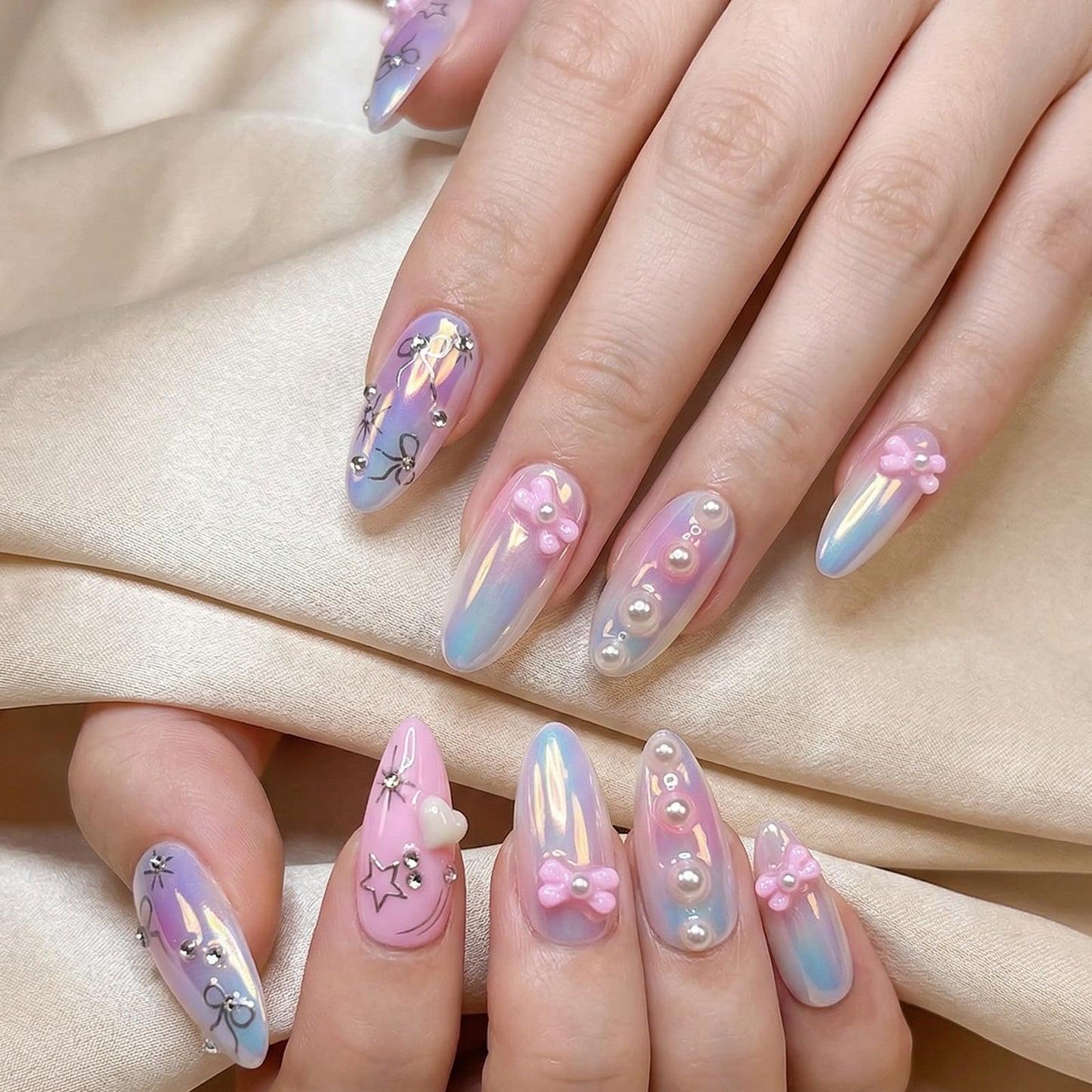 octoswave Press on Nails Long Almond Fake Nails Cat eye Artificial Nail 3D Ombre Stick on Nail for Women 30pcs