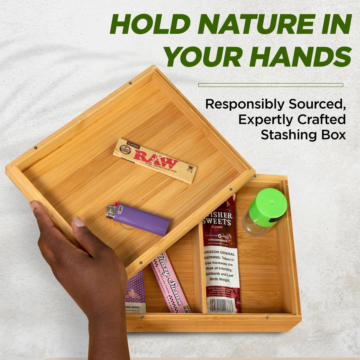 Subtle Rolling Tray Stash Box - Large Bamboo Box w/Ample Storage Space to Organize Herb Accessories - Comes with Convertible Rolling Tray Lid - (10" x 8" x 3.5")