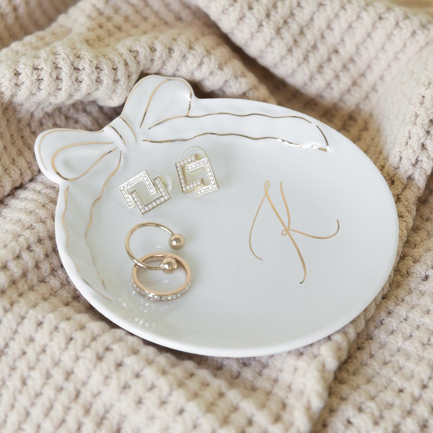COLLECTIVE HOME Custom Initial Ceramic Jewelry Tray with Bow - Ring Holder & Earring Dish | Christmas Gift Idea for Women, Unique Birthday Present for Her (K)
