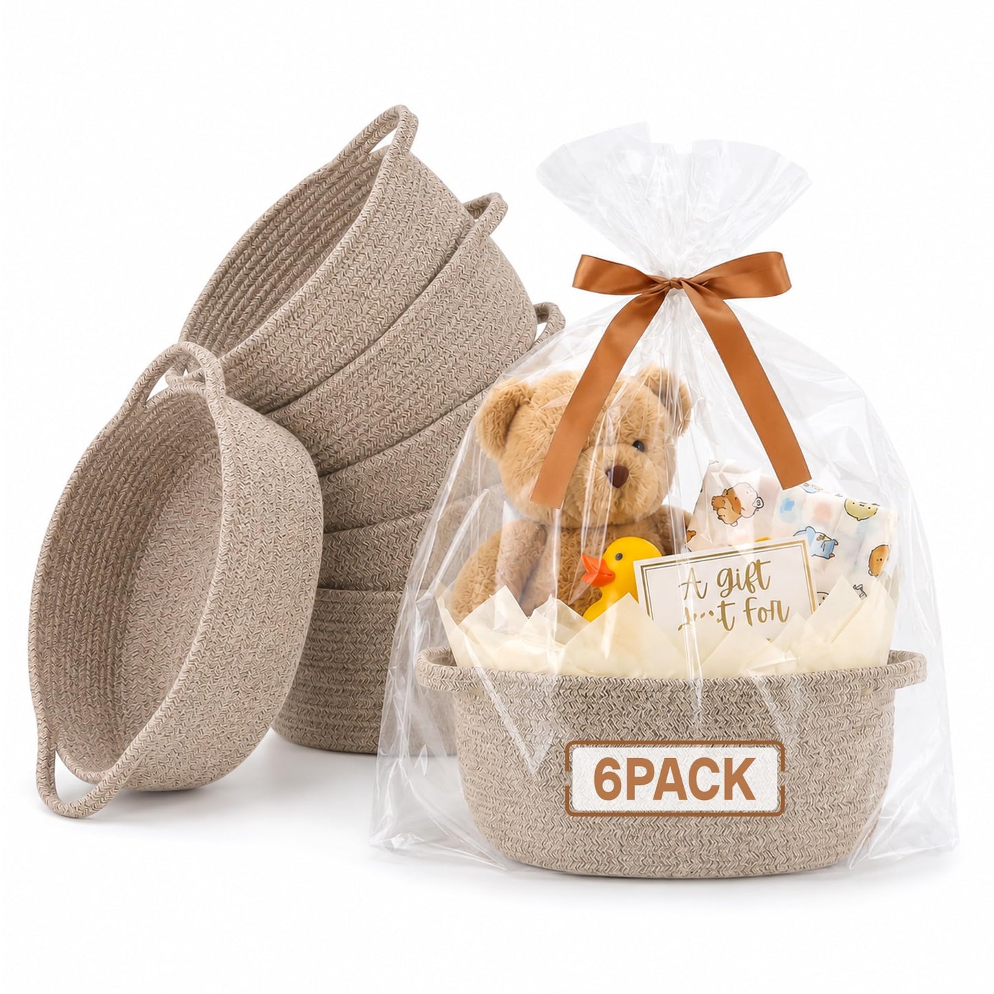VIRETH HAUS 6 Pack Small Woven Baskets with Gift Bags, Ribbons, Wrap Tissue Papers – Gift Baskets Empty to Fill for Valentines, Baby Shower, Easter, Christmas Day, Decorative Storage Bins for Toys