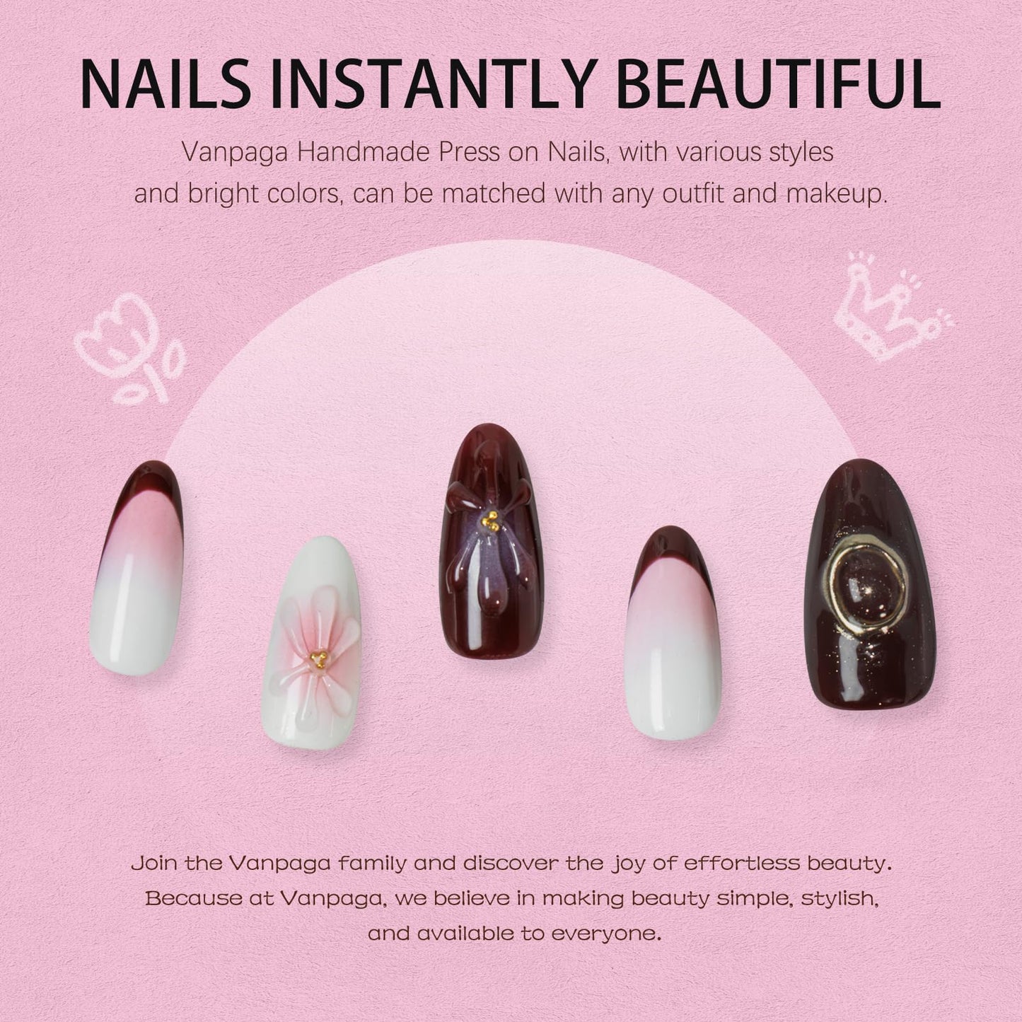 Vanpaga Handmade Press-on Nails Acrylic Almond Shape with 3D Jelly Flowers, Red French Tip & White-Pink Ombre – Short Soft Gel Nails Kit, Reusable Stick-on Nails, Ideal Gift for Women (Size S)