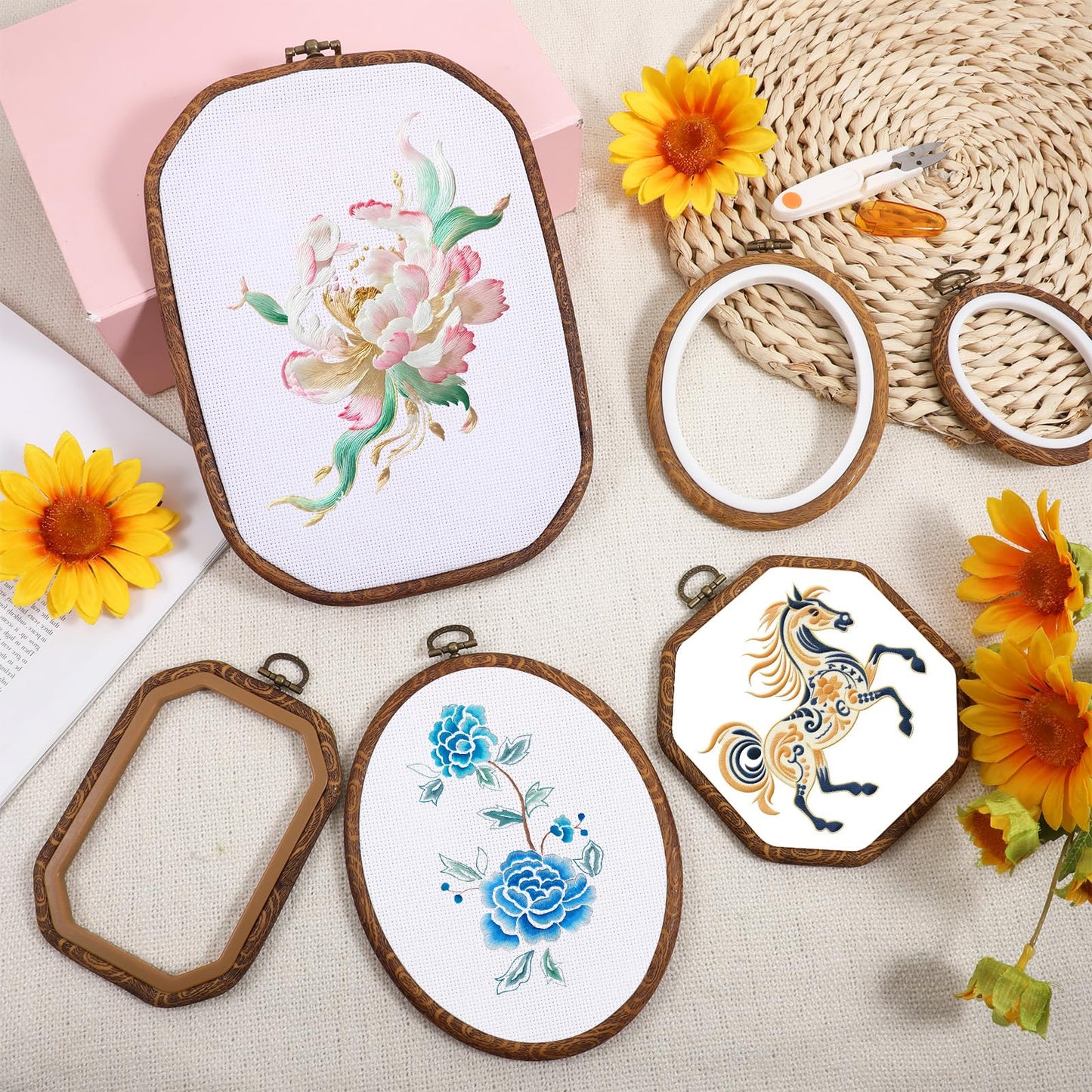 Oqqlin 9 Pcs Embroidery Hoop Frame, 4 Shapes Large Imitated Wood Cross Stitch Hoop Ring with Scissors Display Decorative Embroidery Hoops for DIY Arts, Crafts, Sewing, Hanging Ornaments Decor