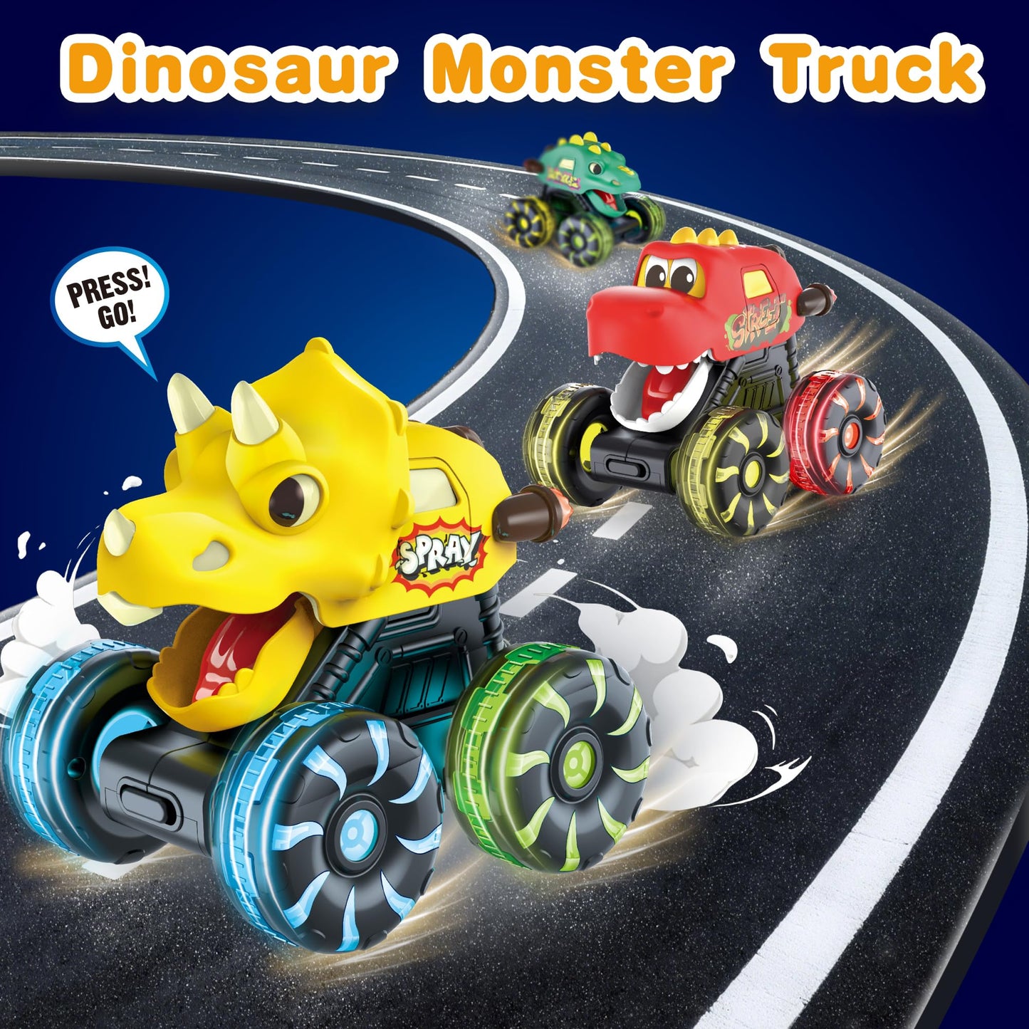 OMAKCOO 3 Pack Dinosaur Monster Truck Toys with Light-Up LED Wheels for Toddlers Kids