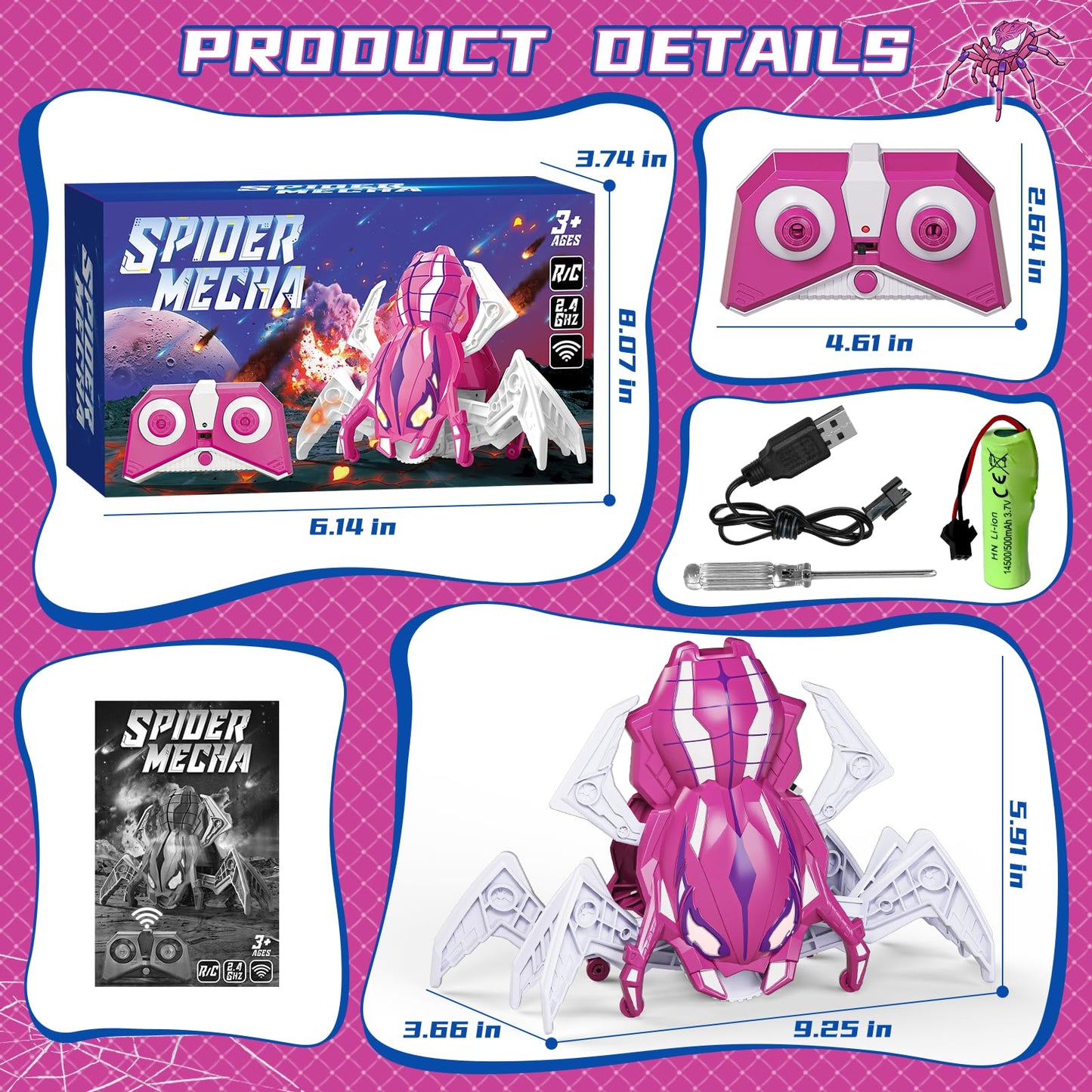 Agard Remote Control Spider Robot Toy - 2.4 GHZ RC Spider Toys, Realistic Remote Control Animal - Kids Easter Gifts Toys for 3 4 5 6 7 8 9 Year Old(Pink White)