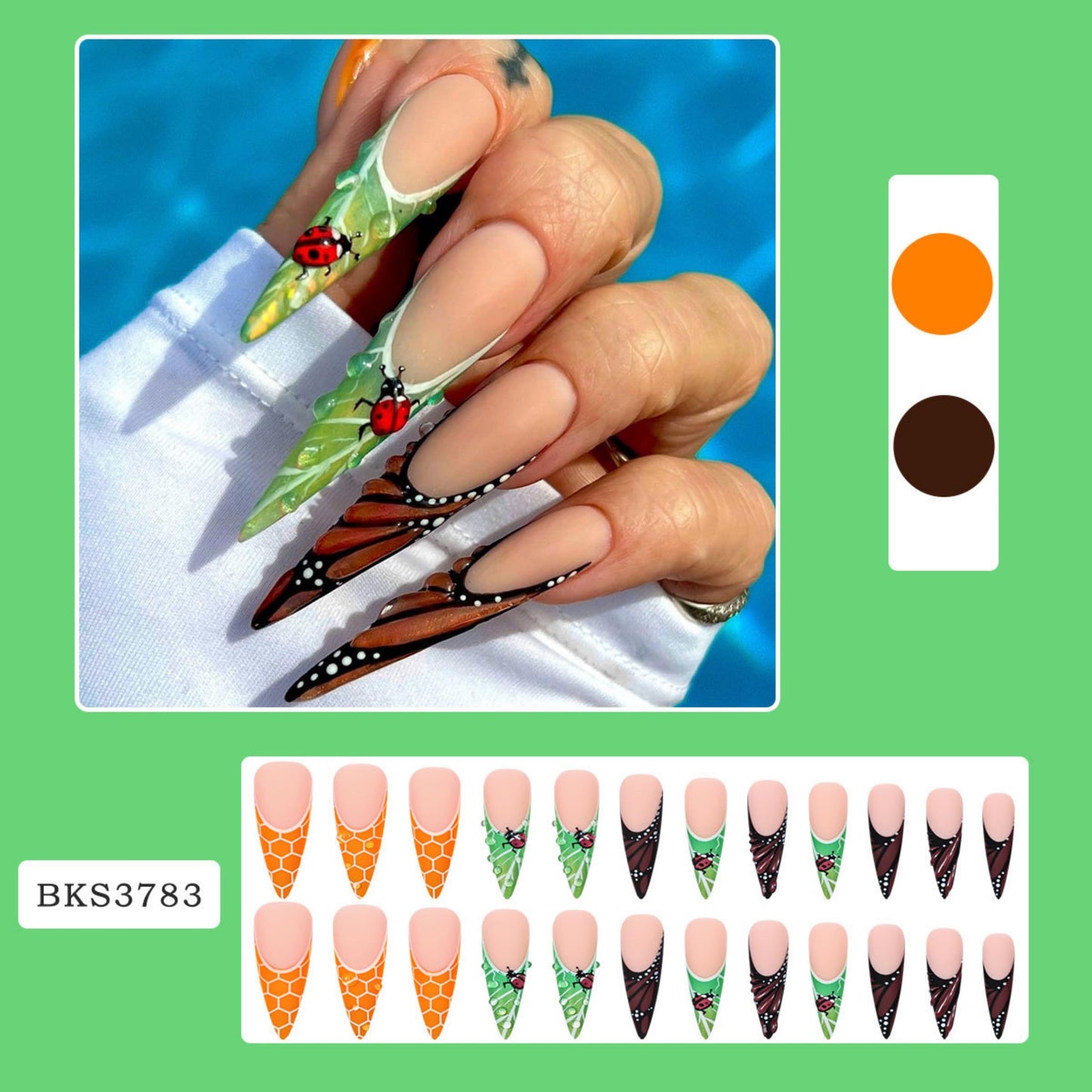 Long Press on Nails Stiletto Fake Nails Green Acrylic Nail Press ons Seeneey Brown Butterfly Designs Stick on Nail for Women 24pcs