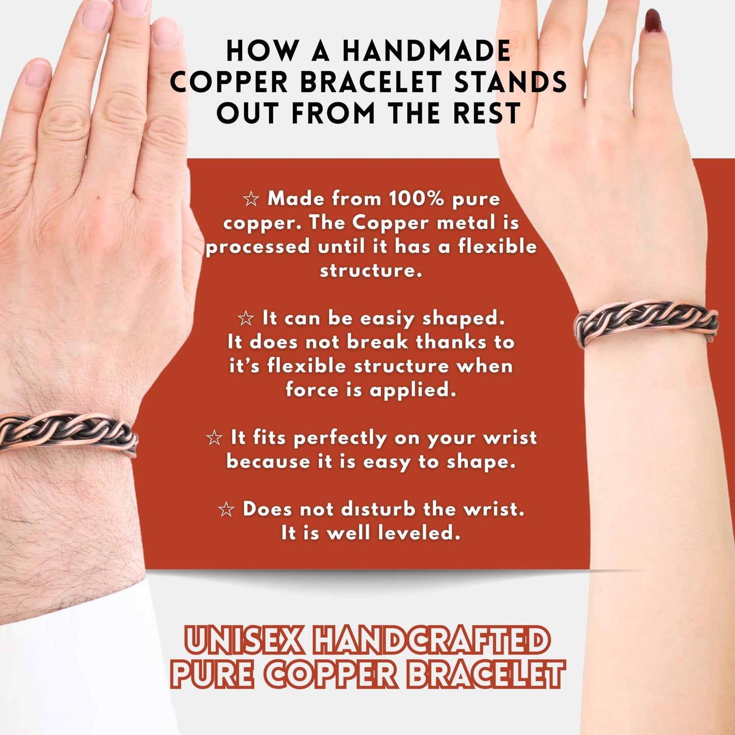 Handmade Elegant Copper Bracelet for Women and Men-Pure Copper Bracelet for Pain Relief and Stress Relief-Adjustable, Thickest, Twisted Copper Wire Bracelet to Fit many Size Wrist(folded) (intricate)