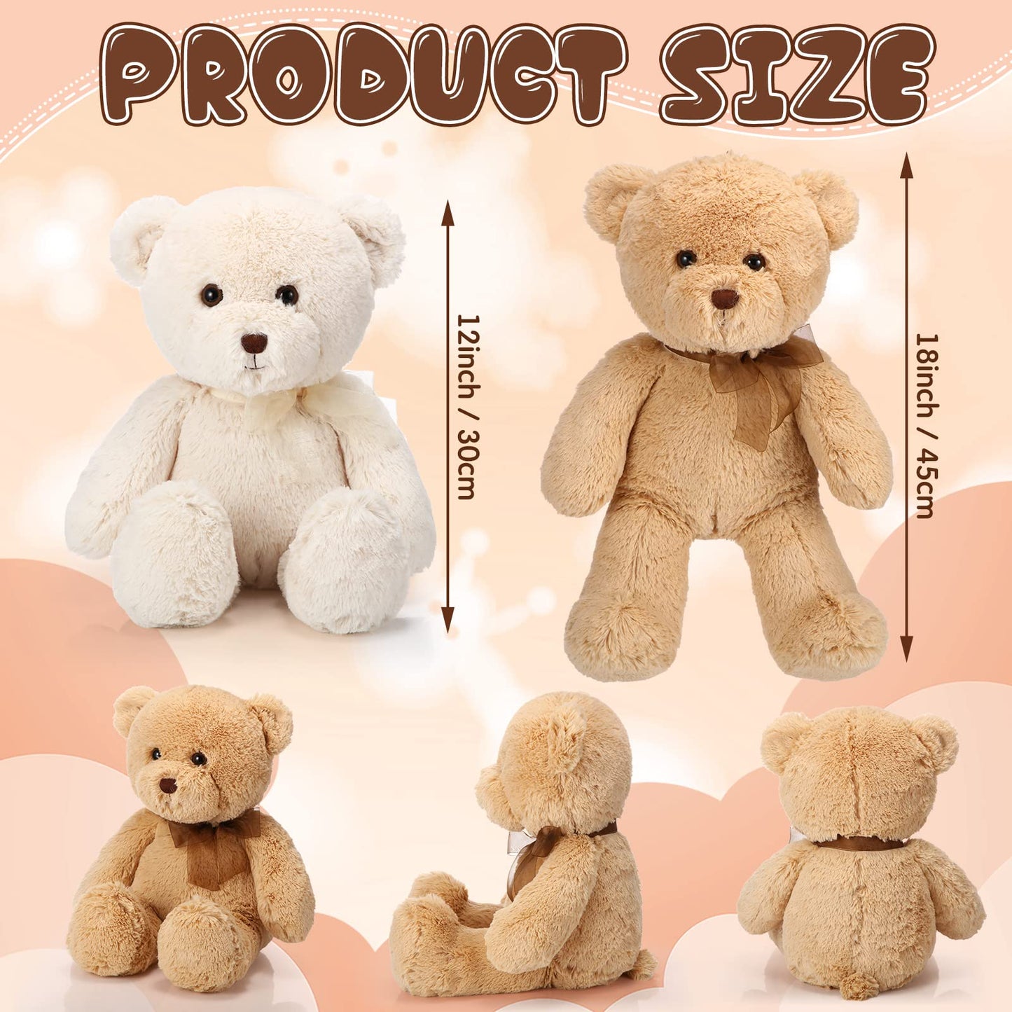 HyDren 2 Pack Bear Stuffed Animals 18 Inch Cuddly Stuffed Bear Plushies with Bow for Birthday Gifts Baby Shower Decors Valentines Party Decors(Beige, Light Brown)