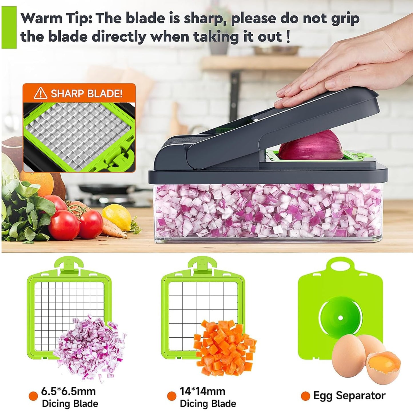 MealHelper 12-in-1 Vegetable Chopper, 7 Blade Veggie Chopper, Practical Food Chopper with Container, Cheese Grater, Home Essentials & Kitchen Gadgets(Green/Grey)
