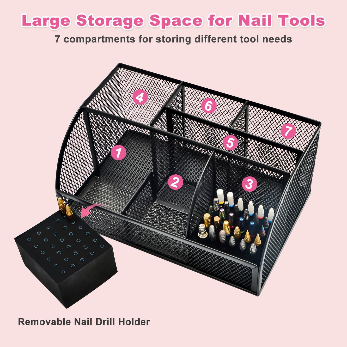 CGBE Nail Drill Bits Holder: 60 Holes Professional Drill Bit Holder for Nails - Mesh Metal Nail Tools Organizer Display Case - Nail Desk Organizer for Nail Tech - Black (Not Included Nail Drill)