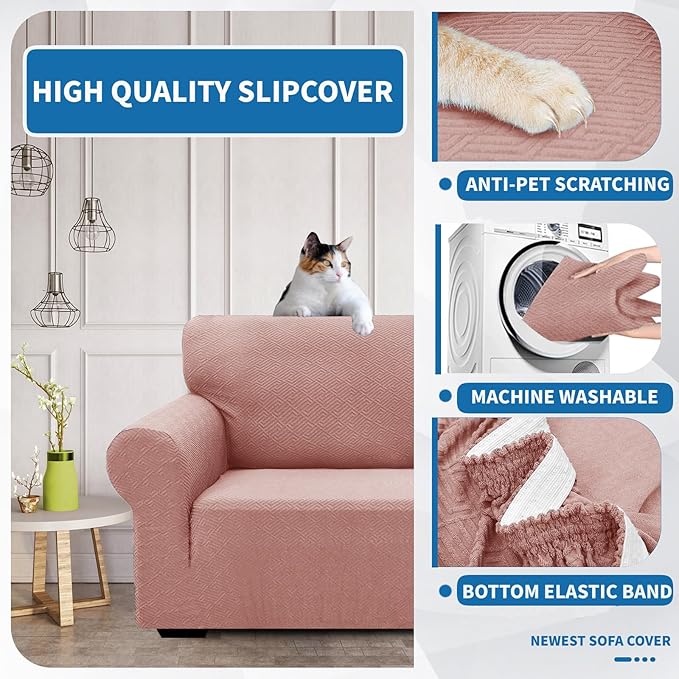 XINEAGE New 1 Piece Couch Covers for 3 Cushion Couch (79"-91") Stretch Sofa Cover Slipcover Pet Friendly Soft Washable Furniture Protector with Elastic Bottom for Kids,Dog (Sofa, Dusty Pink)