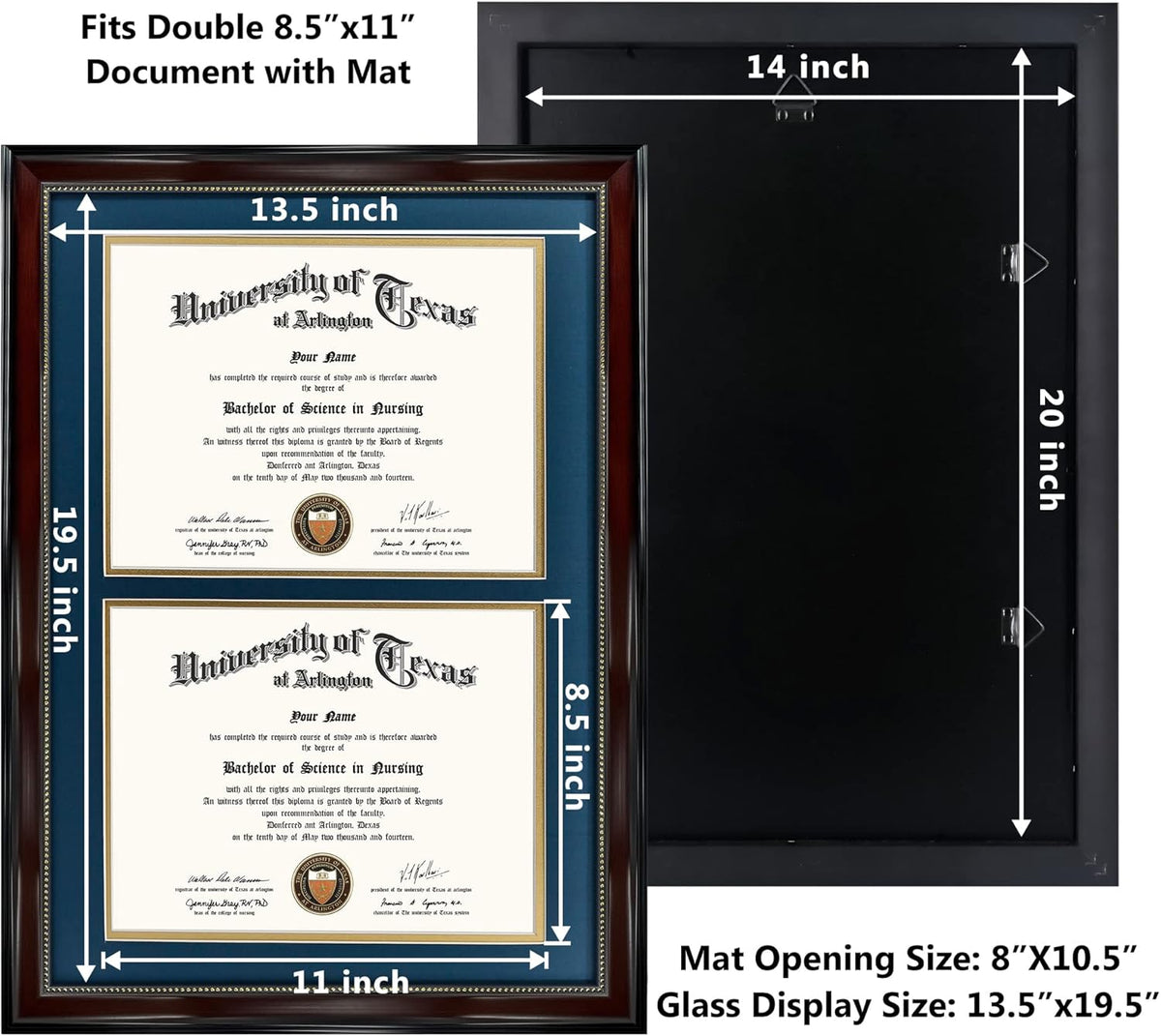 GraduationMall 14x20 Double Diploma Frame, Display 8.5x11 Certificate with Navy over Gold Mat,UV Protection Acrylic,Mahogany with Gold Beads