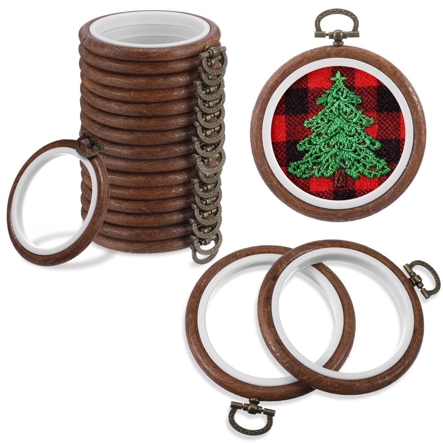 16 Pcs 3 Inch Round Embroidery Hoop, Circle Rubber Decorative Embroidery Hoop Frames for Display, Imitated Wood Cross Stitch Ornament for Christmas Craft Sewing DIY Hanging Gifts