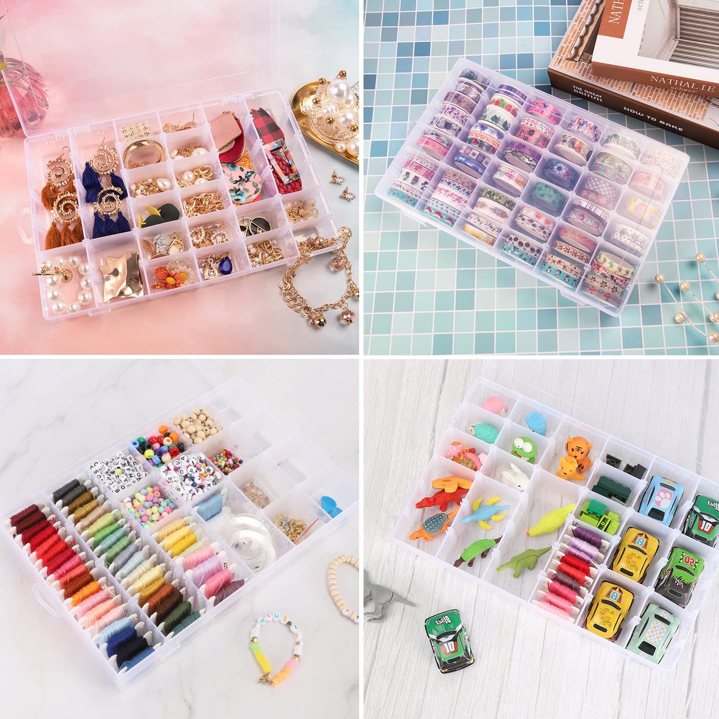 2 Pack Clear Bead Organizer Tackle Box with Adjustable Dividers for Jewelry Art Craft Containers 36 Grids Compartment with 5 Sheets Label Stickers
