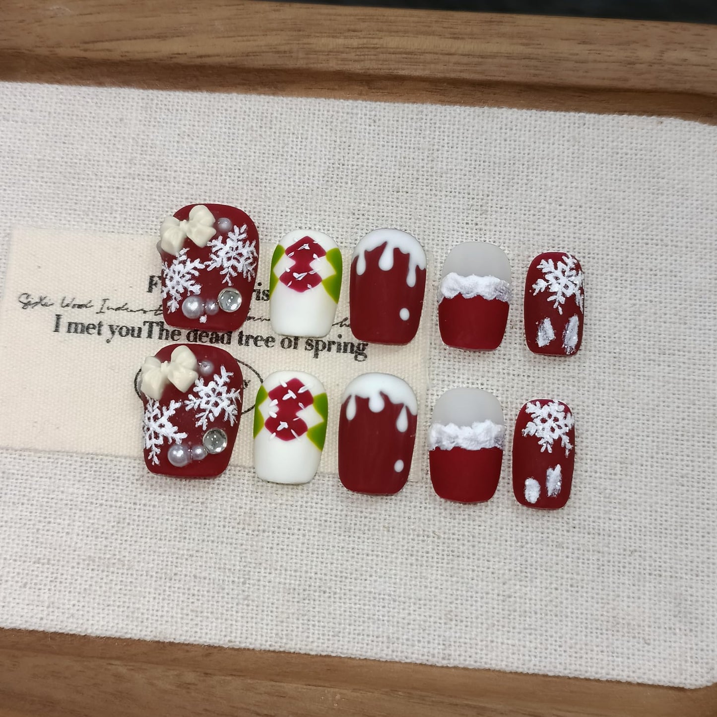 TENPAL Squoval Press on Nails -Acrylic Red Velvet Matte with Pearl Plaid & Snowfall Design | Handmade Winter Elegant Fake Nails with Tools | Christmas Party Gift Set(S)