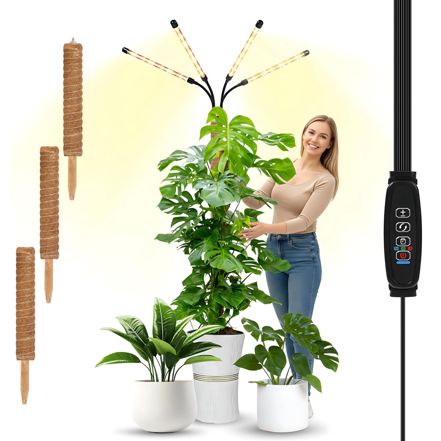 Grow Lights with Moss Pole for Indoor Plants, Full Spectrum LED Plant Light with Auto 3/9/12H Timer, Adjustable Height 15-54", Plant Lights Coco Coir Pole for Monstera, Philodendron, Climbing Plants