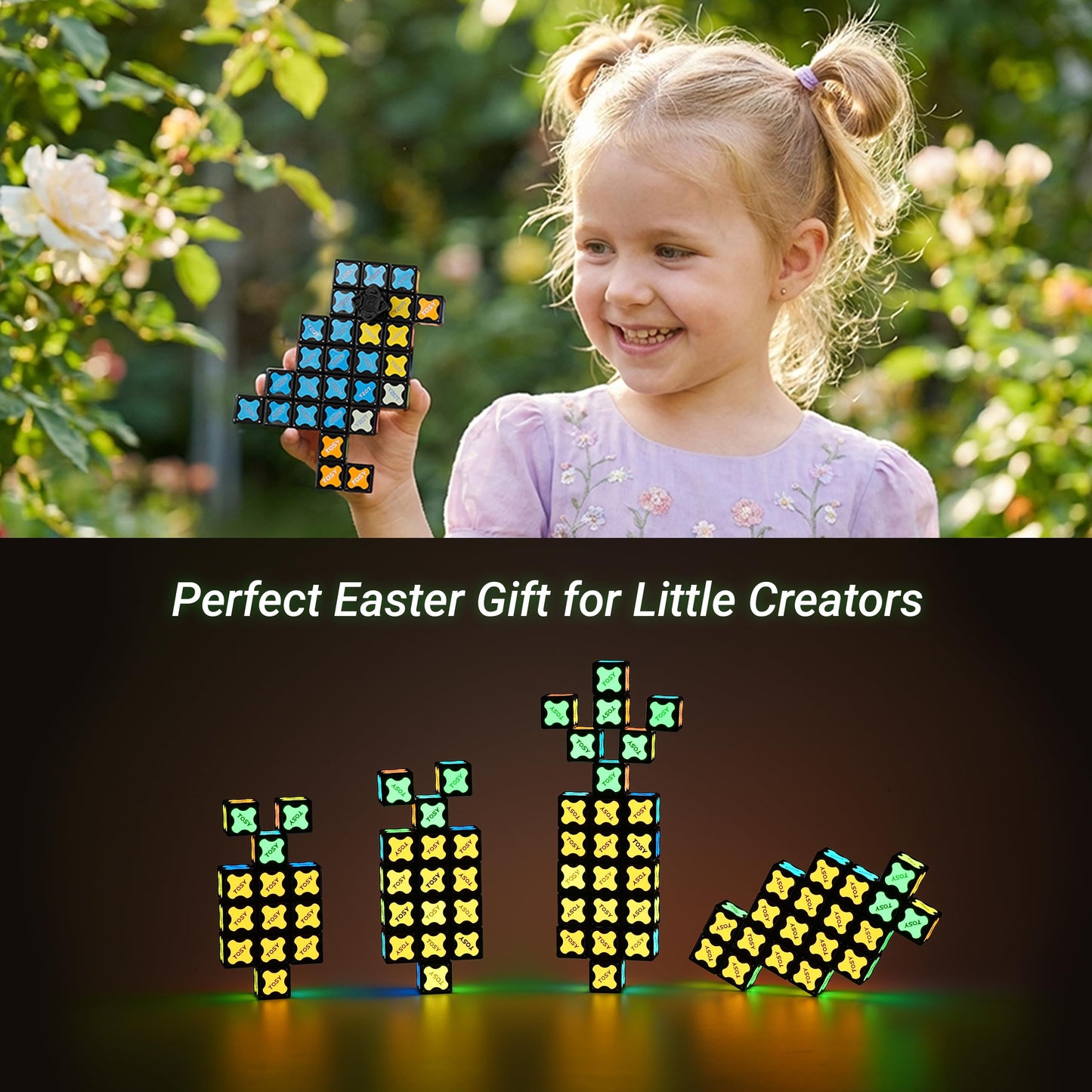 TOSY Magnet Cube 2x2 - 8 Blocks, 2in1 Toy: 2x2x2 Puzzle Cube and Customizable Infinity Cube, Easter Basket Stuffers Gifts for Kids/Grandkids, Glowing with UV Flashlight, Sensory/STEM Toy