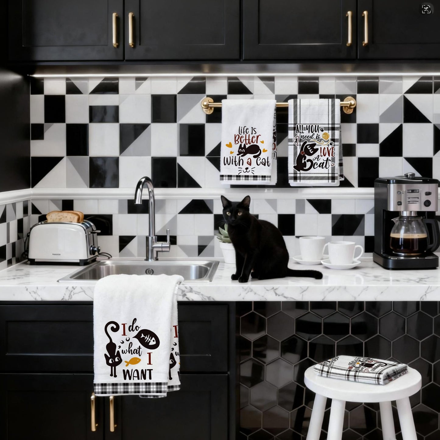 Vetoxka 4 PCS Black Cat Decor Kitchen Towels - Set Quick Drying Cute Hand Tea Dish Towel for Accessories Checkered Funny Saying Kitty Plaid for Cat Lover Home Decorations Bathroom Housewarming Gifts