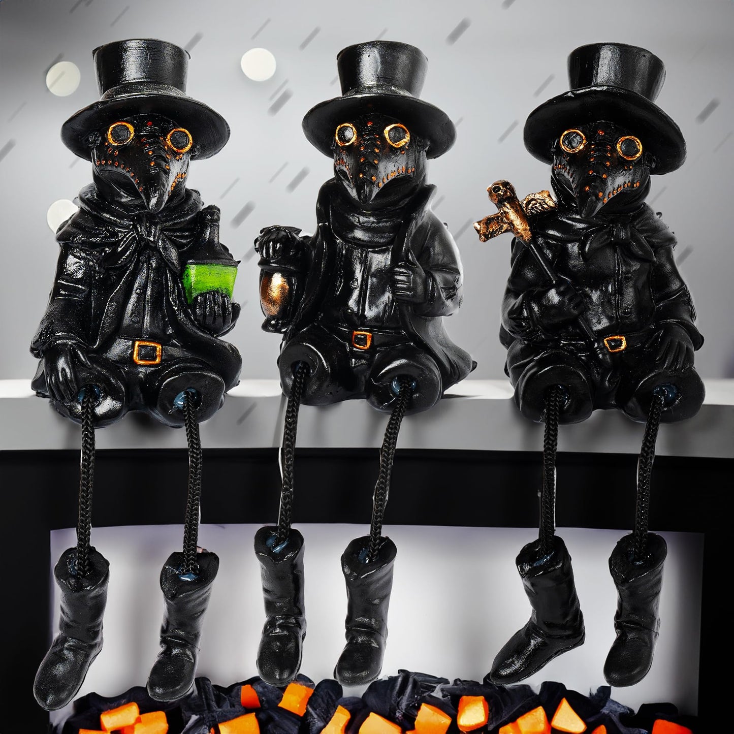 Dazzle Bright 3 Pcs Halloween Plague Doctor with Dangling Legs Figurines Decoration, Resin Gothic Scary Crow Table Fireplace Shelf Sitting Figurines Party Ornament Gifts for Indoor Home Decor