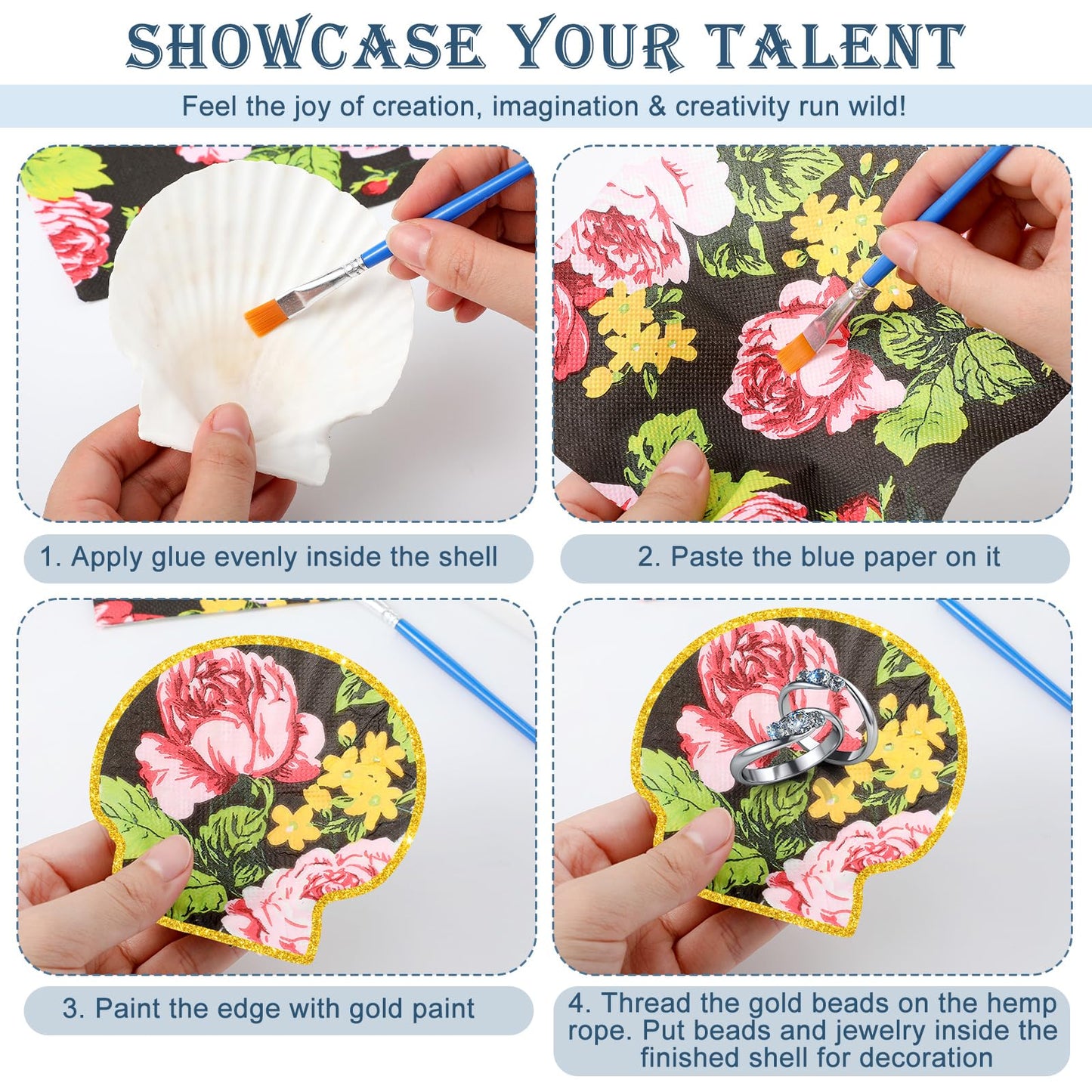 Halloscume 12 Set Scallop Shells for Crafts 4''-5'' White Natural Large Shells with 24 Pcs Decoupage Paper Napkin Acrylic Paint Strips and Brushes DIY Crafts Seashells Ornaments (Colorful Flowers)